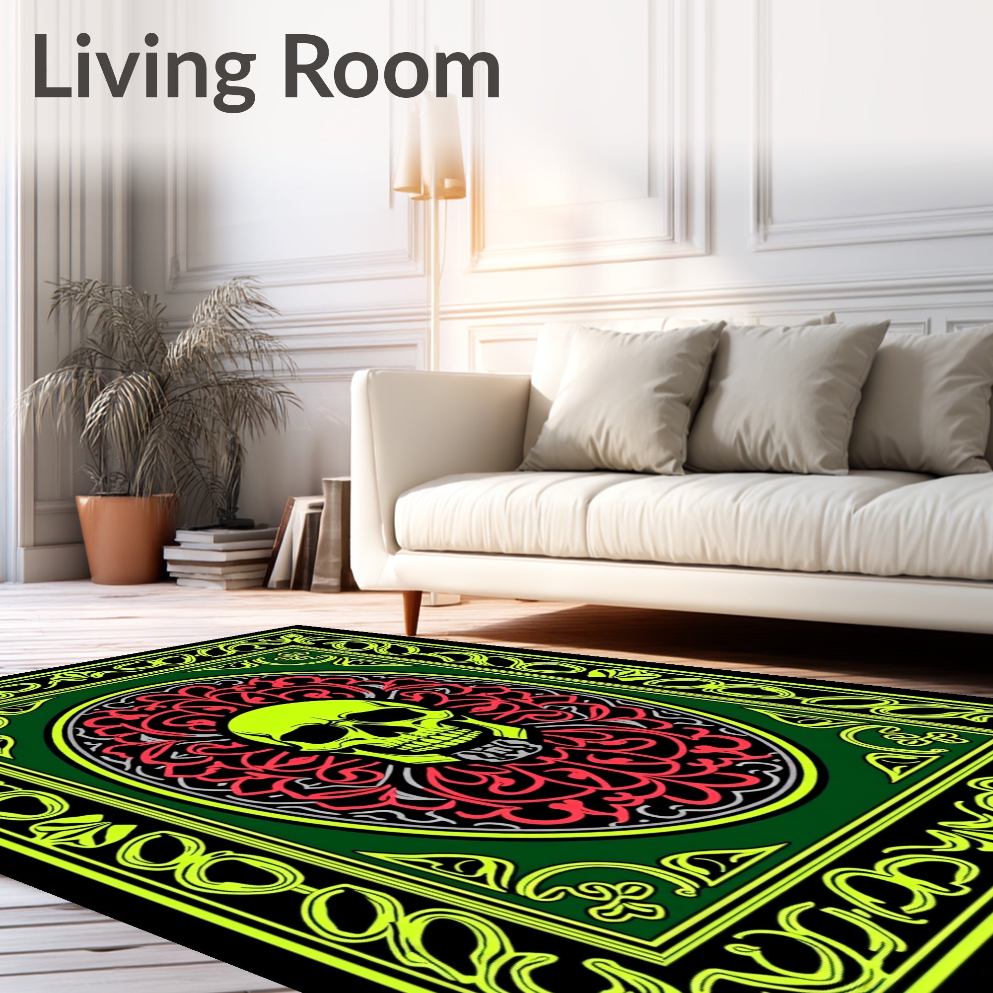 Neon Skull Amidst Floral Mandala Red Rug
