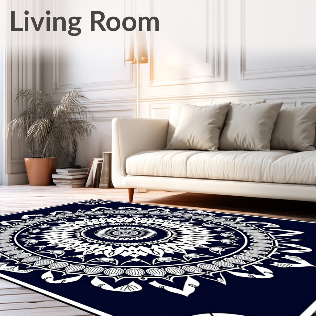 Navy White Floral Mandala Medallion Rug