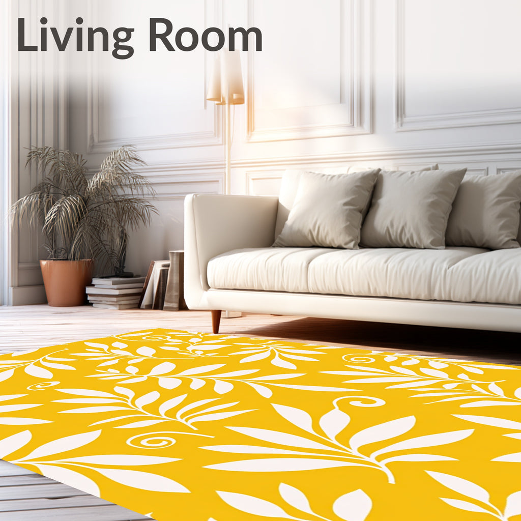 Yellow White Floral Swirl Pattern Rug
