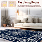 Intricate White Floral Dark Blue Rug