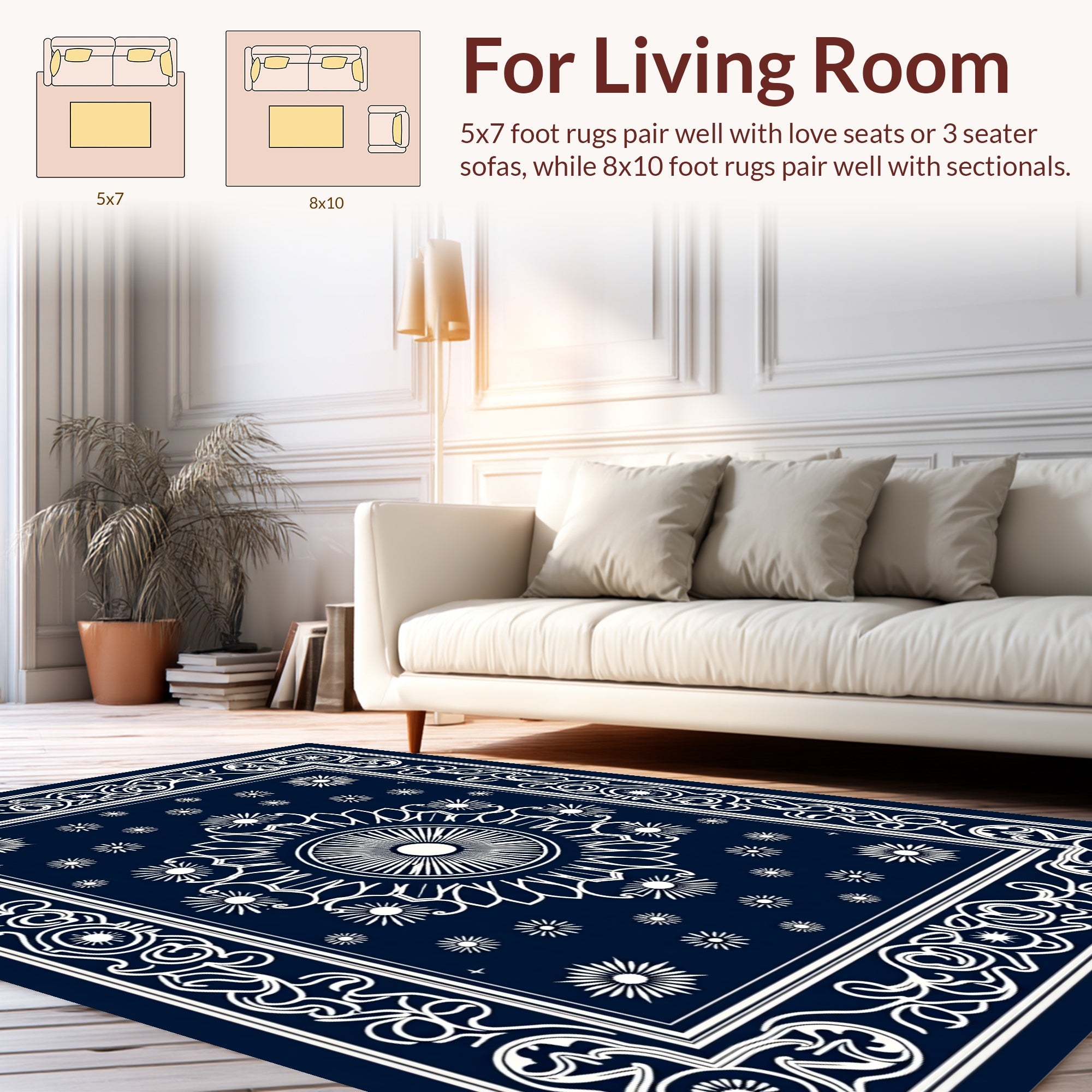Intricate White Floral Dark Blue Rug