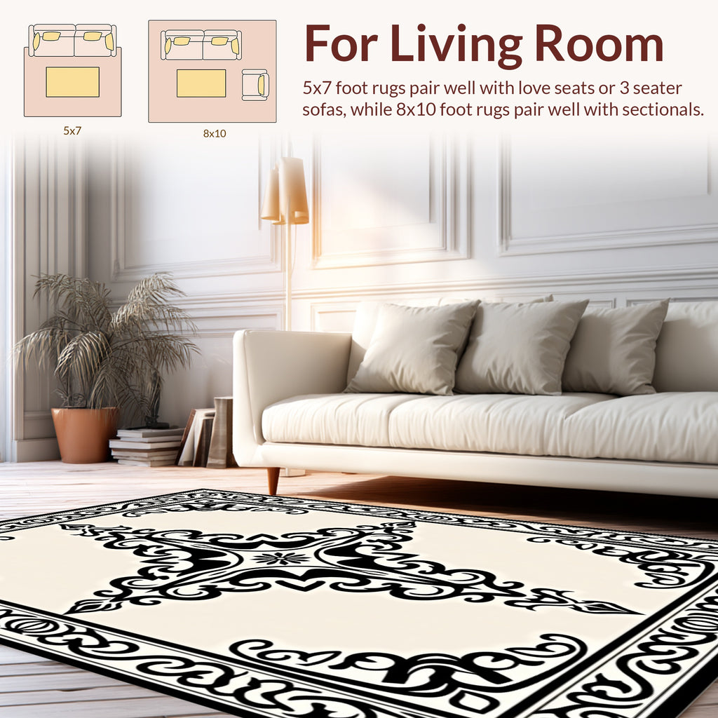Black Cream Ornamental Scrollwork Pattern Rug