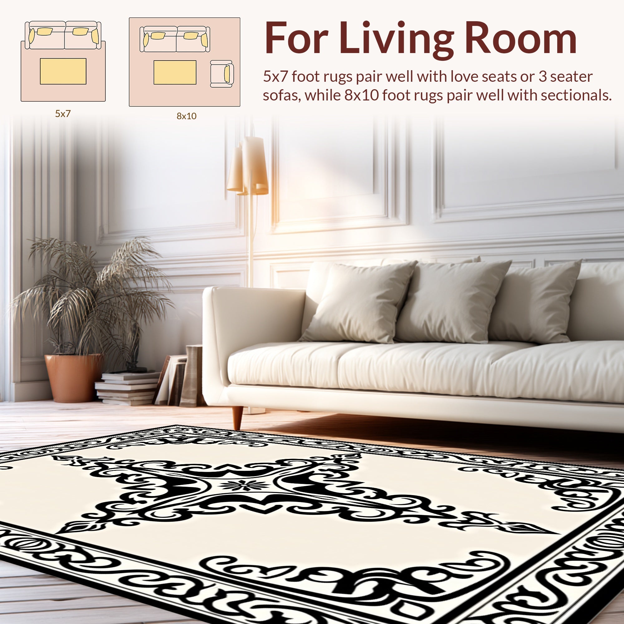 Black Cream Ornamental Scrollwork Pattern Rug