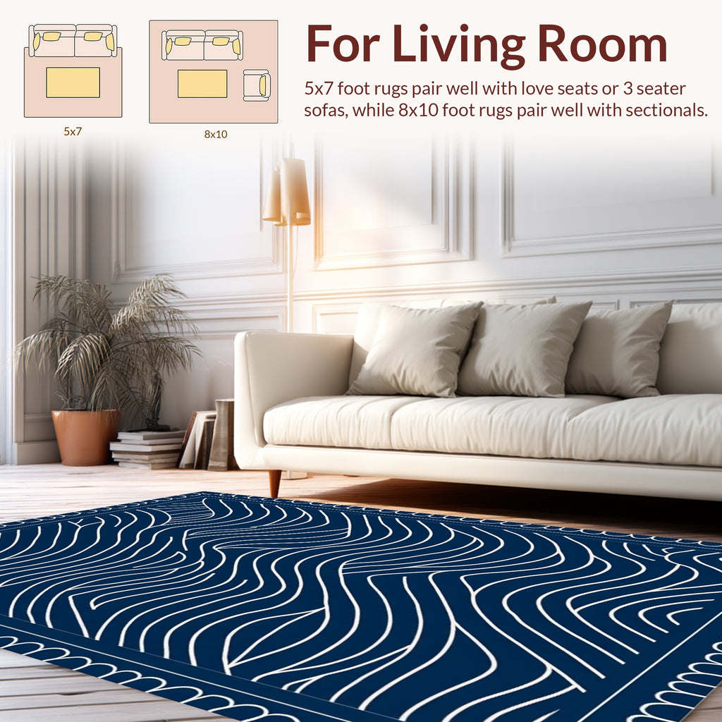 Navy White Organic Wave Pattern Rug