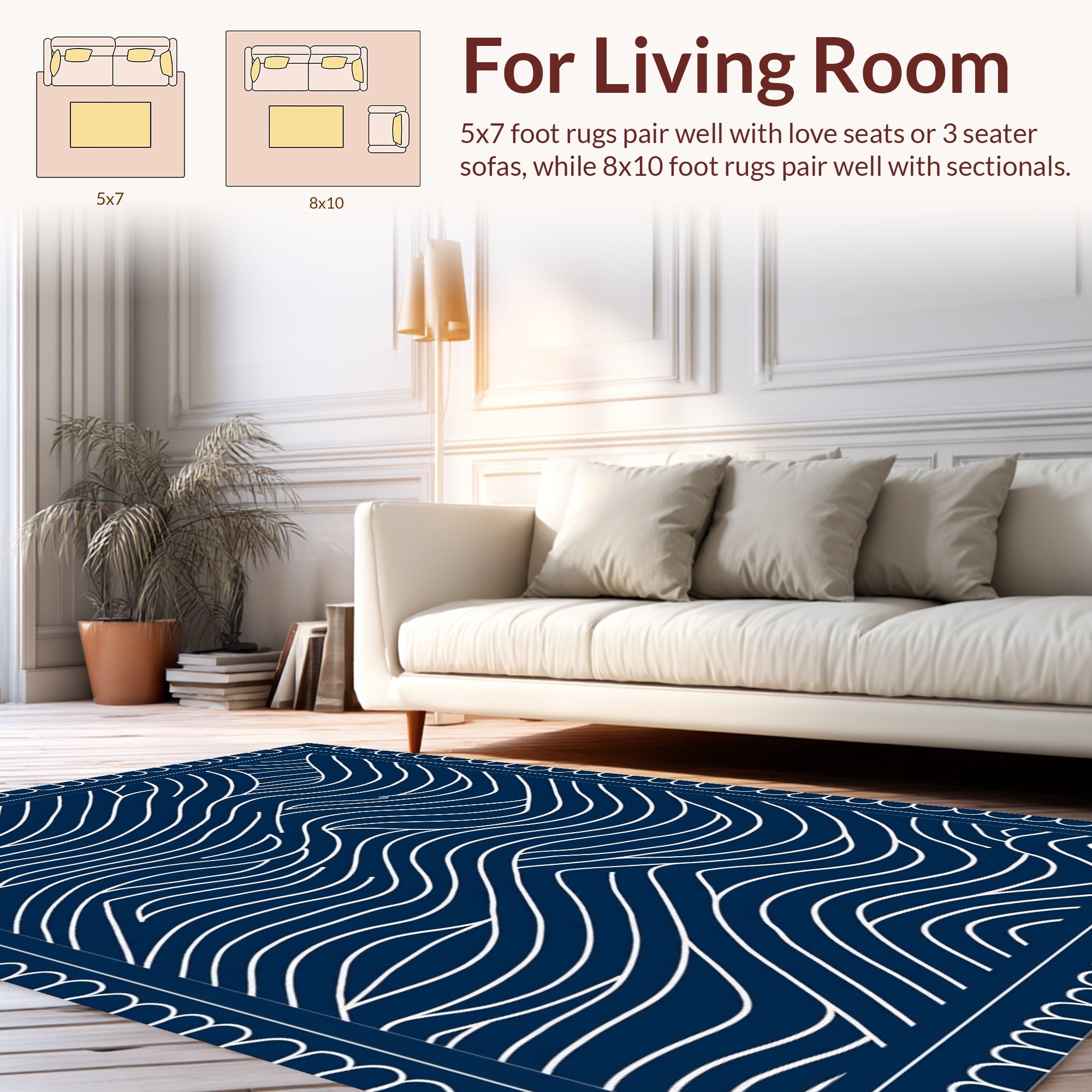 Navy White Organic Wave Pattern Rug