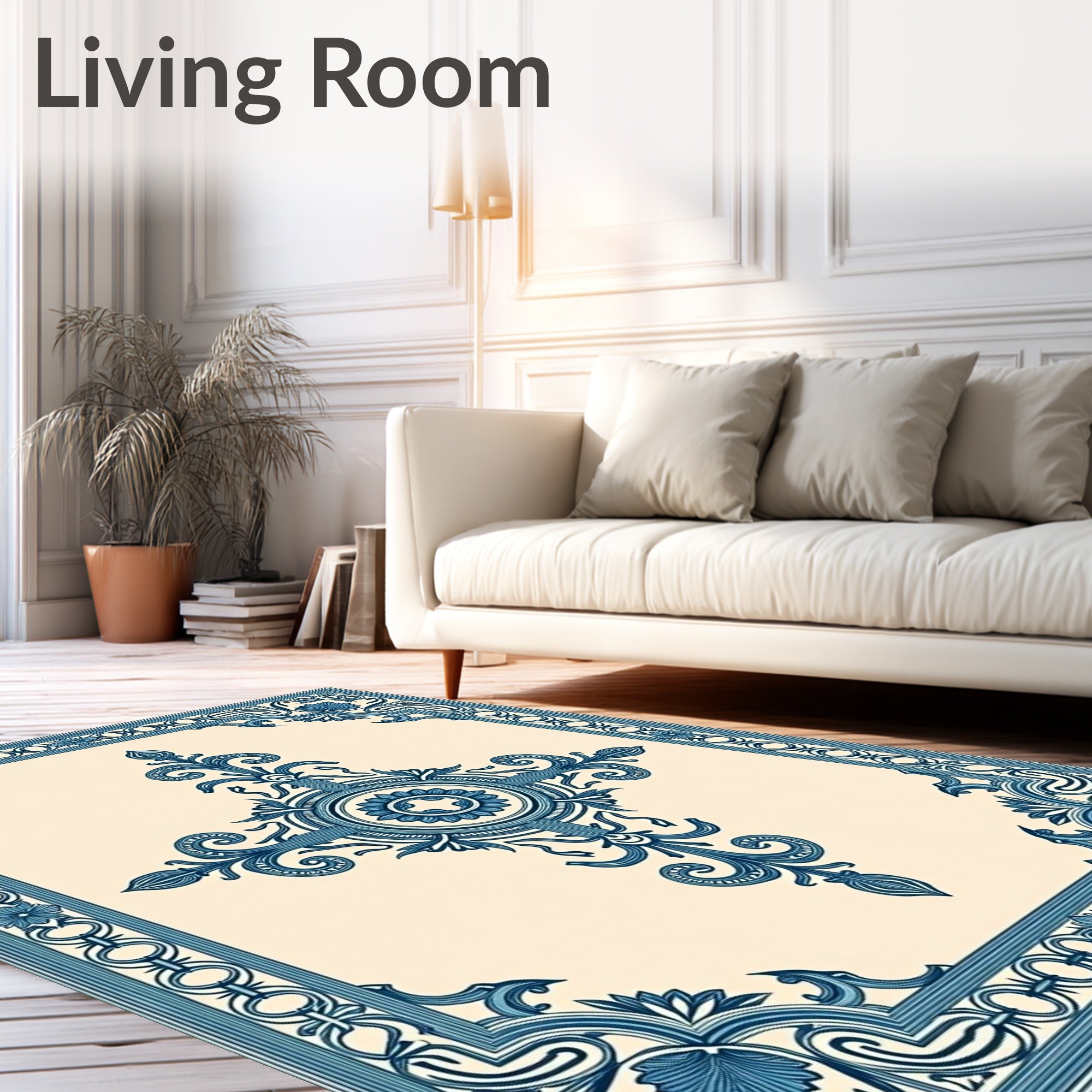 Classic Blue Floral Medallion Cream Rug