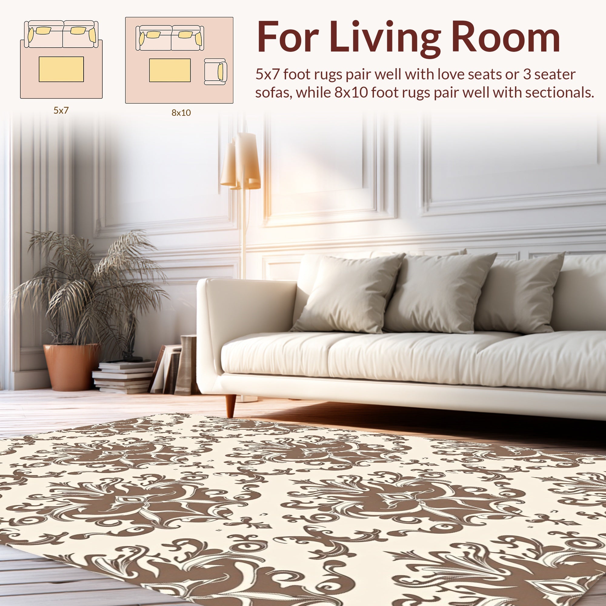 Classic Brown Ivory Damask Arabesque Rug