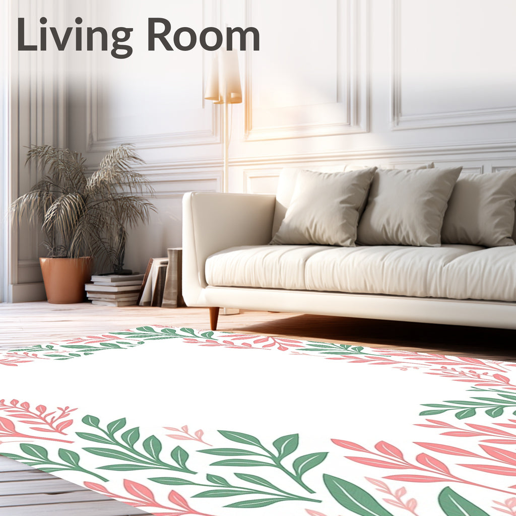Blush Green Leafy Border Pattern Rug