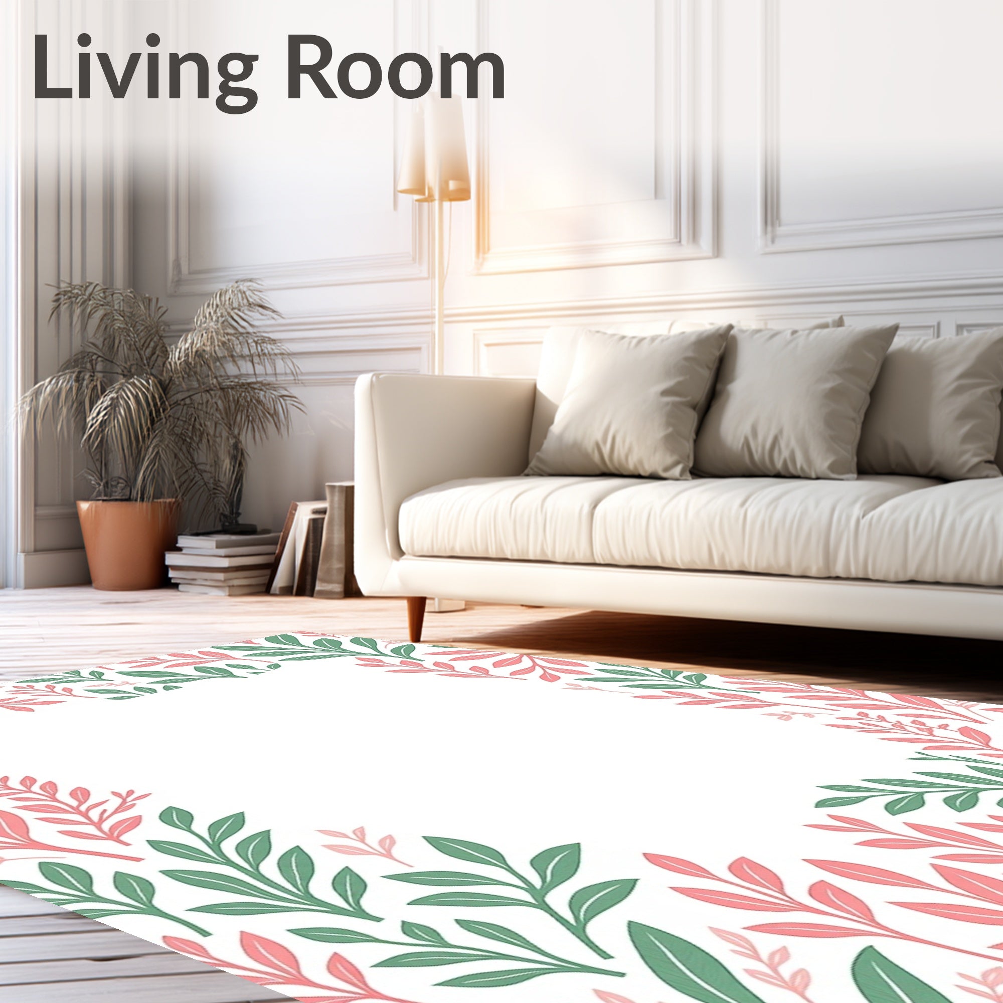 Blush Green Leafy Border Pattern Rug