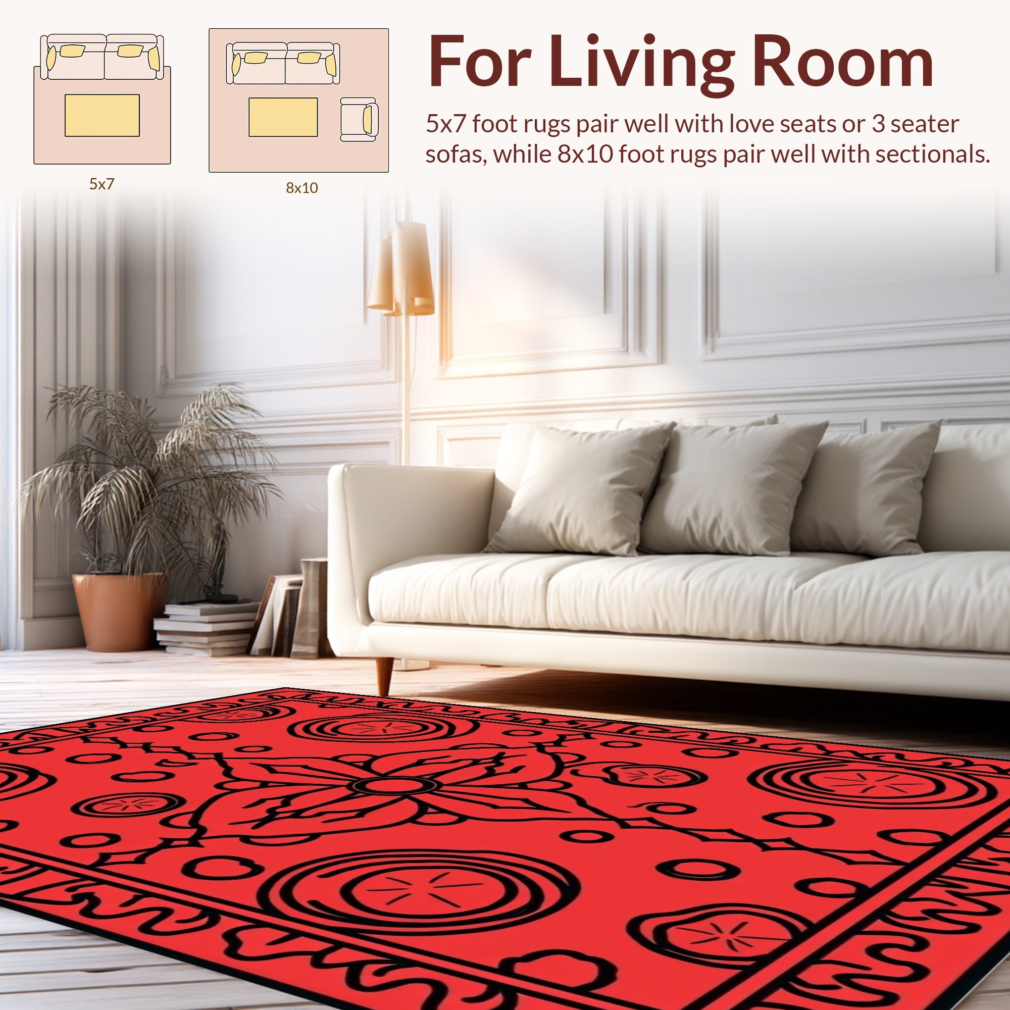 Bold Red Black Floral Dot Design Rug
