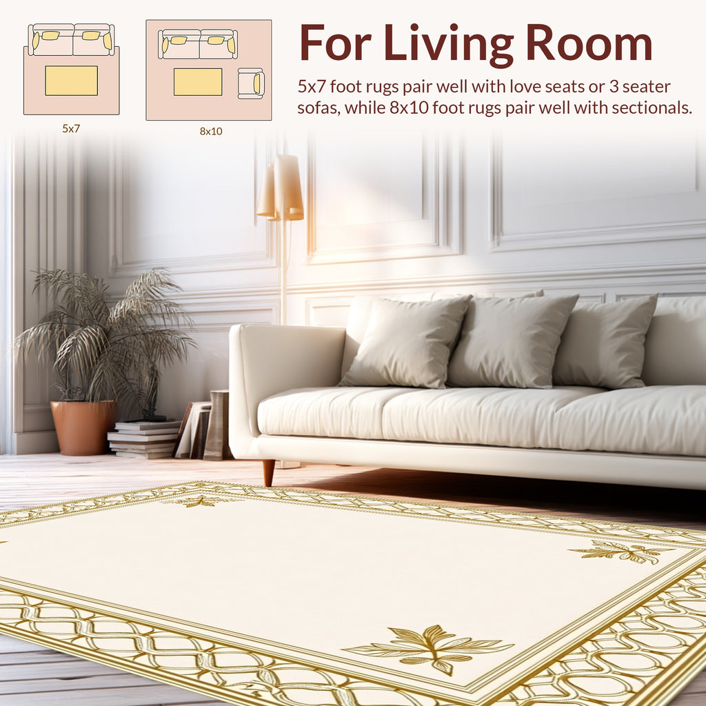 Elegant Gold Leaf Scroll Frame Rug