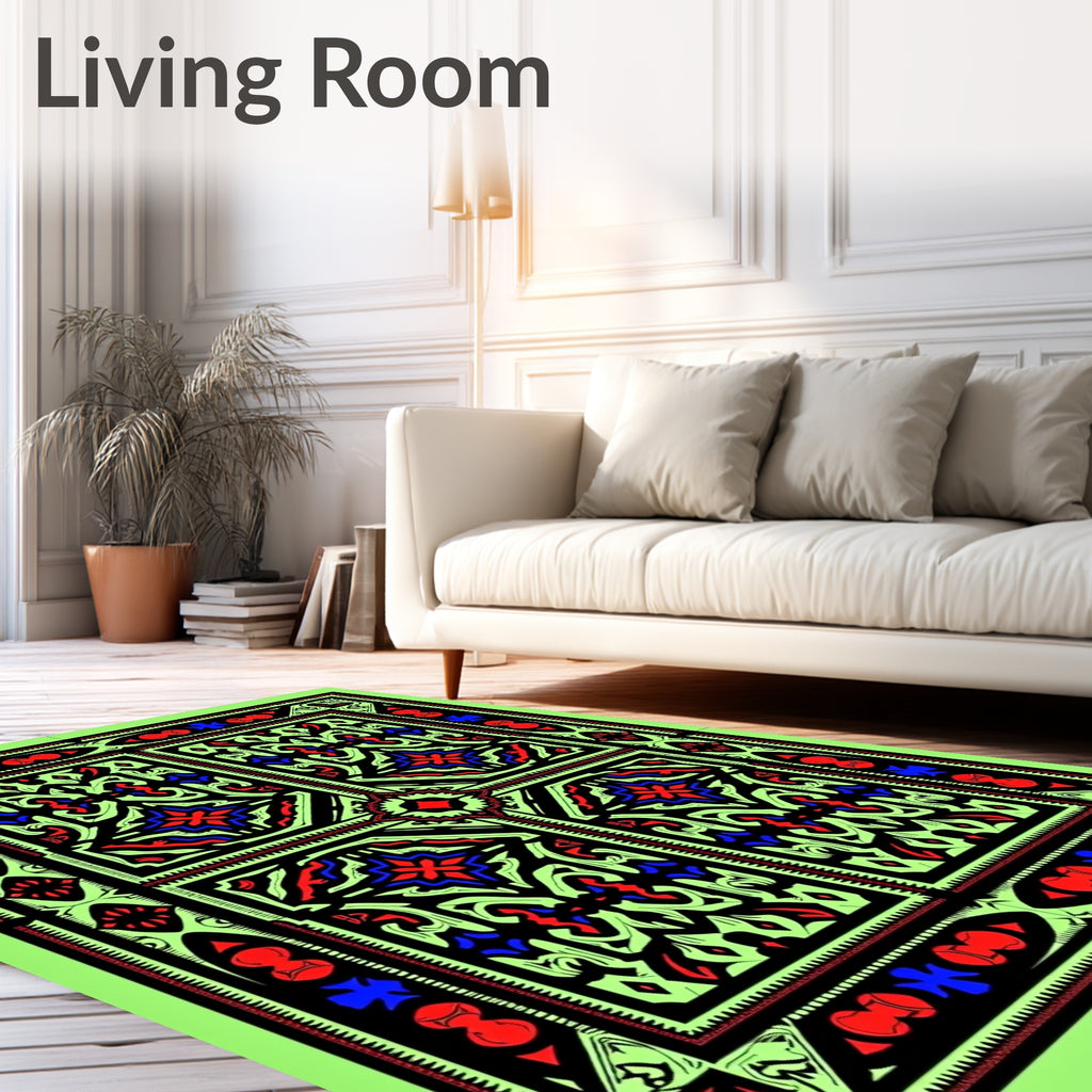 Geometric Floral Mandala Black Red Blue Lime Rug