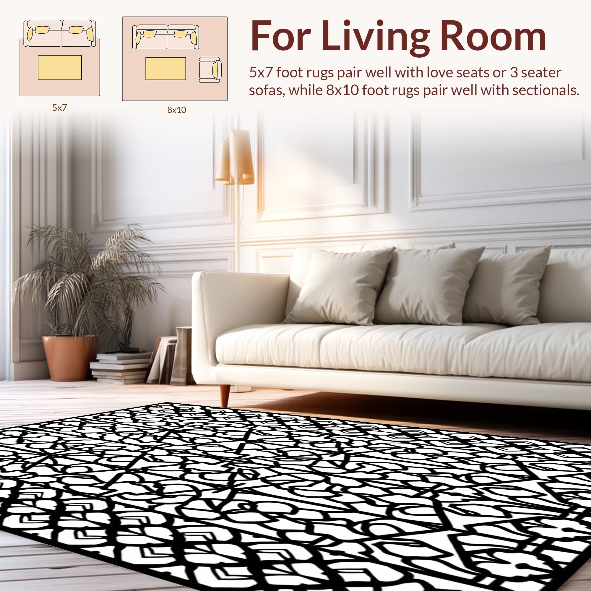 Black White Geometric Floral Pattern Rug