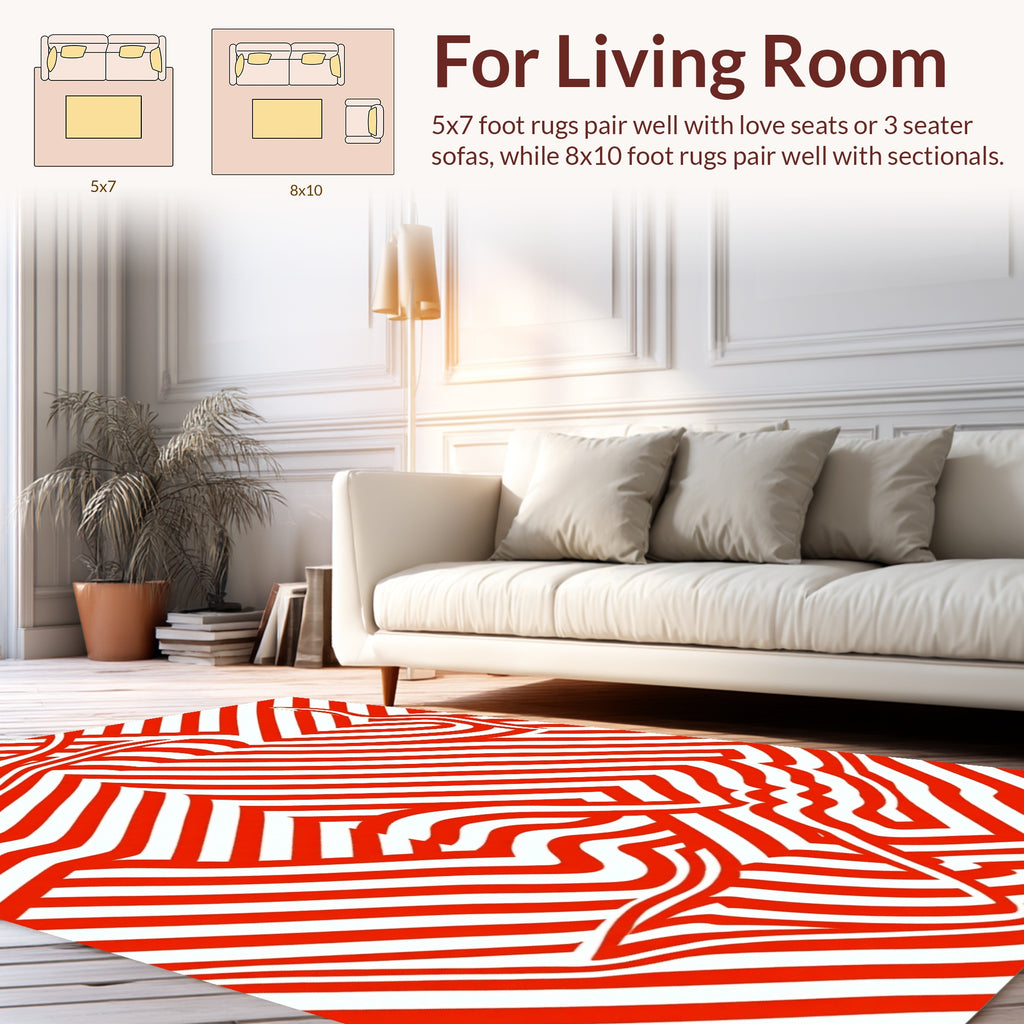 Red White Wavy Geometric Design Rug