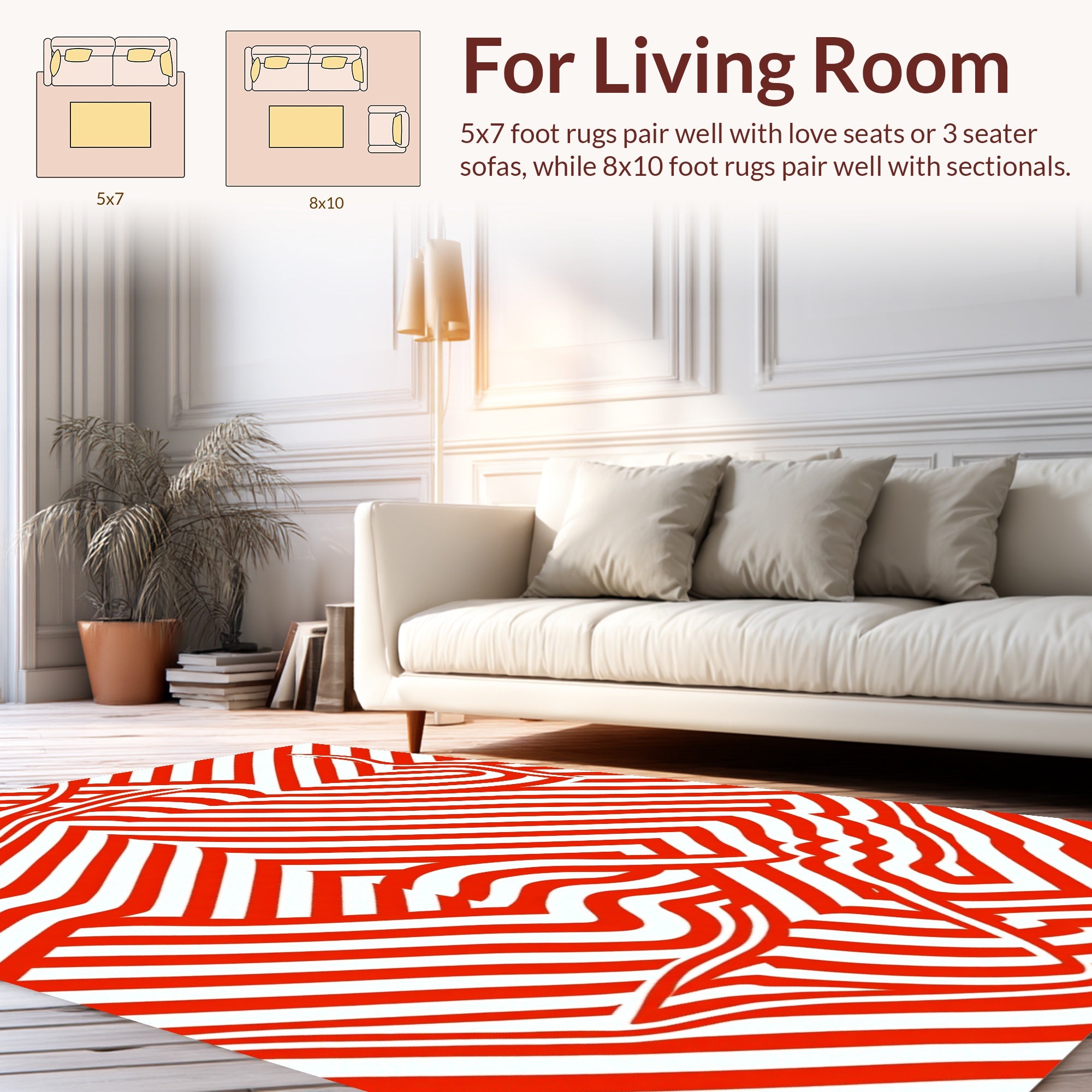 Red White Wavy Geometric Design Rug