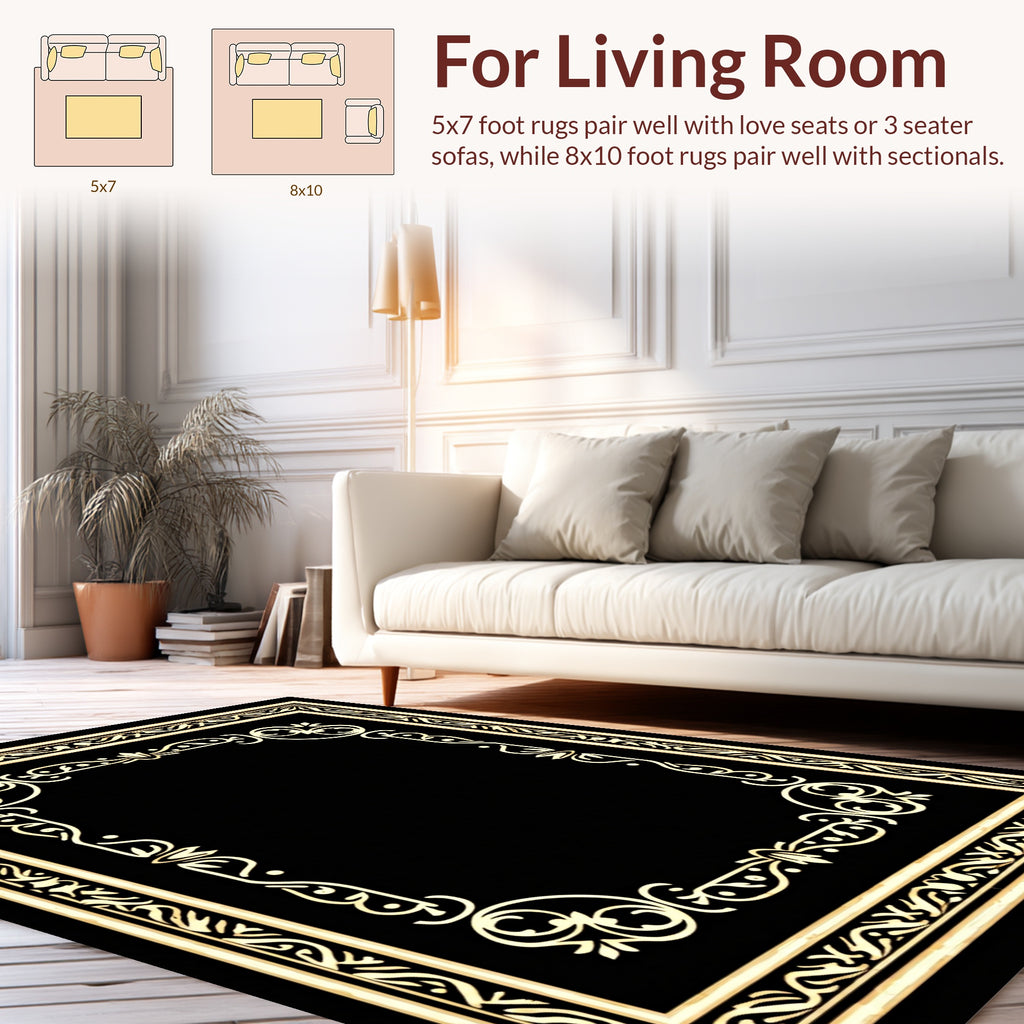 Elegant Gold Black Ornate Border Design Rug