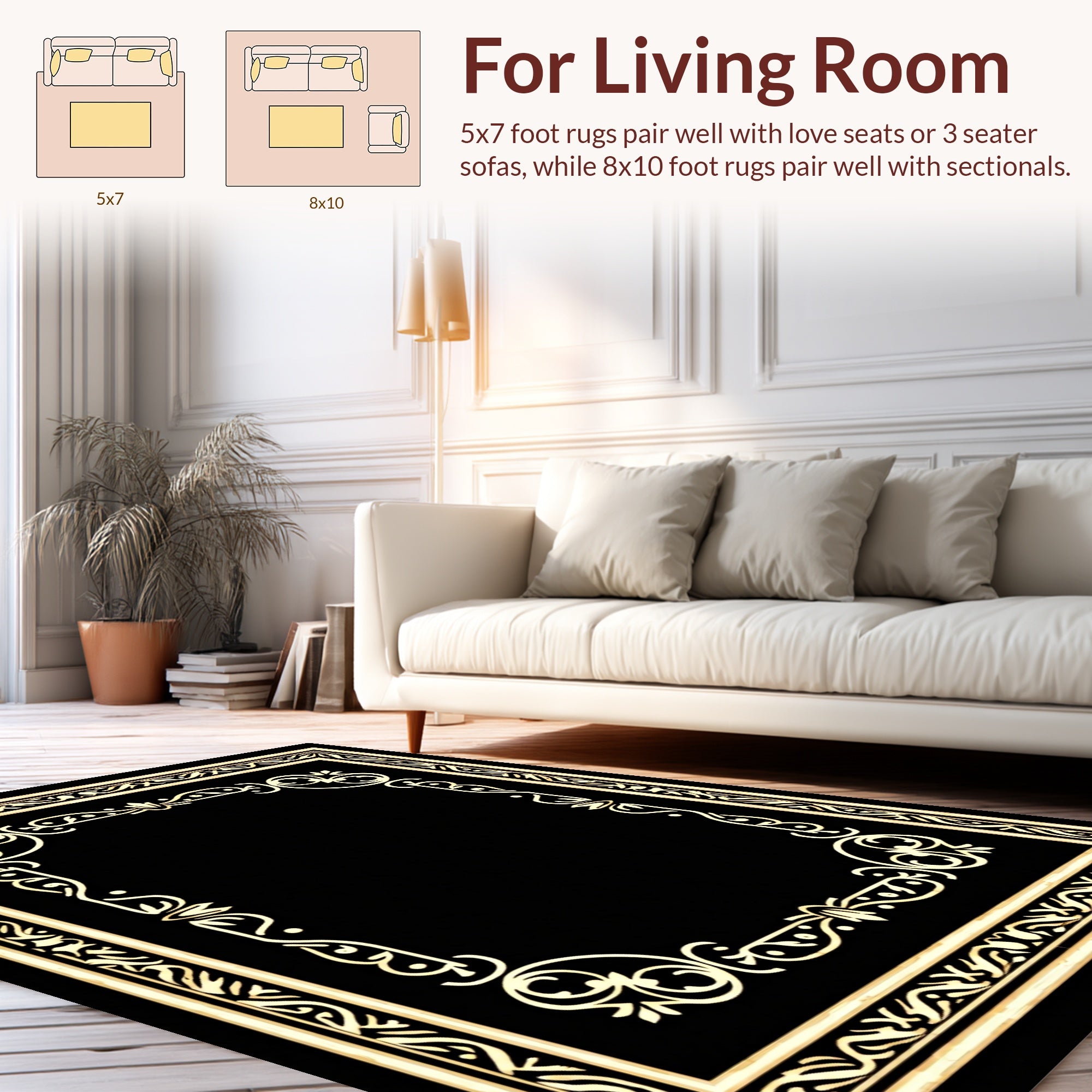 Elegant Gold Black Ornate Border Design Rug