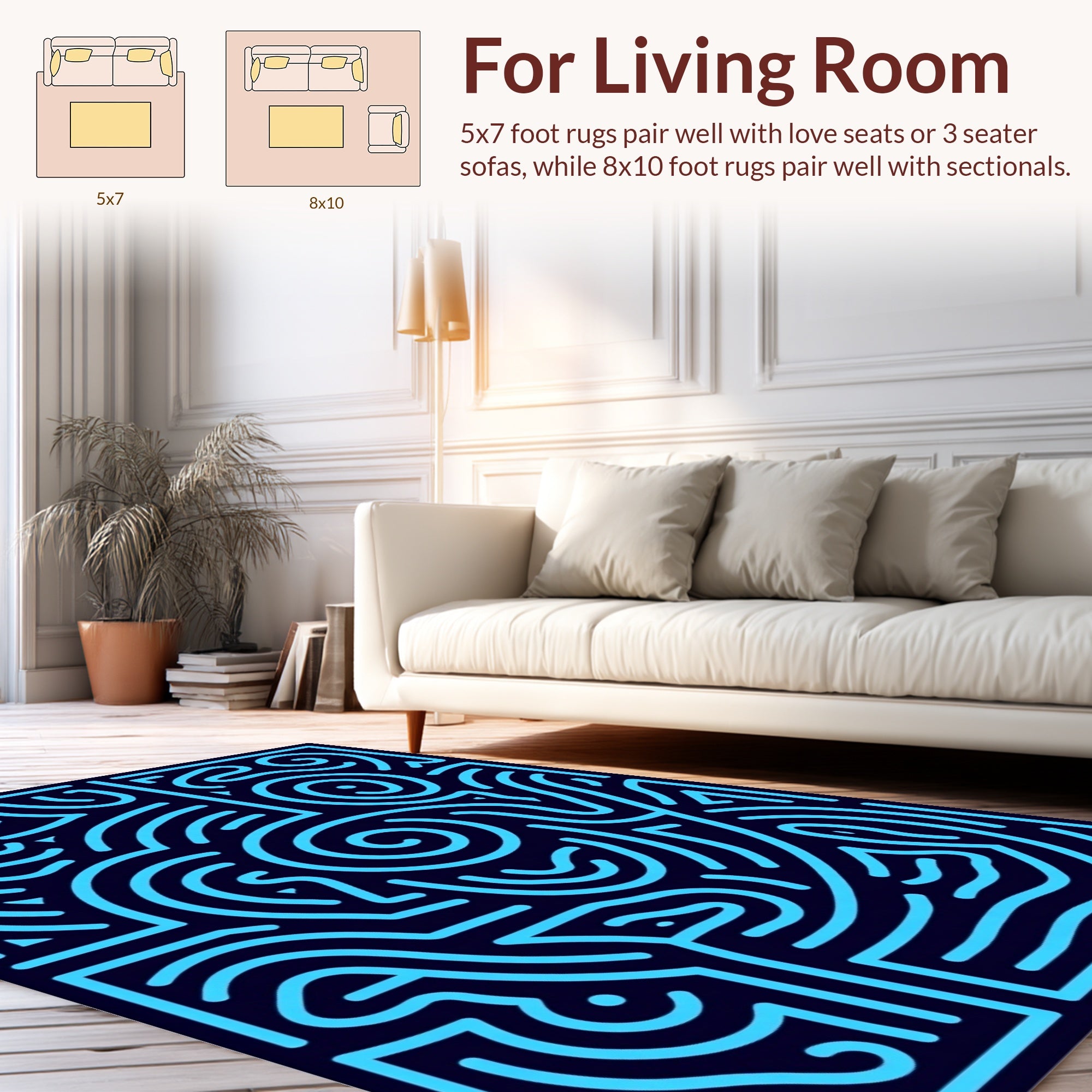 Abstract Blue Maze Pattern Rug