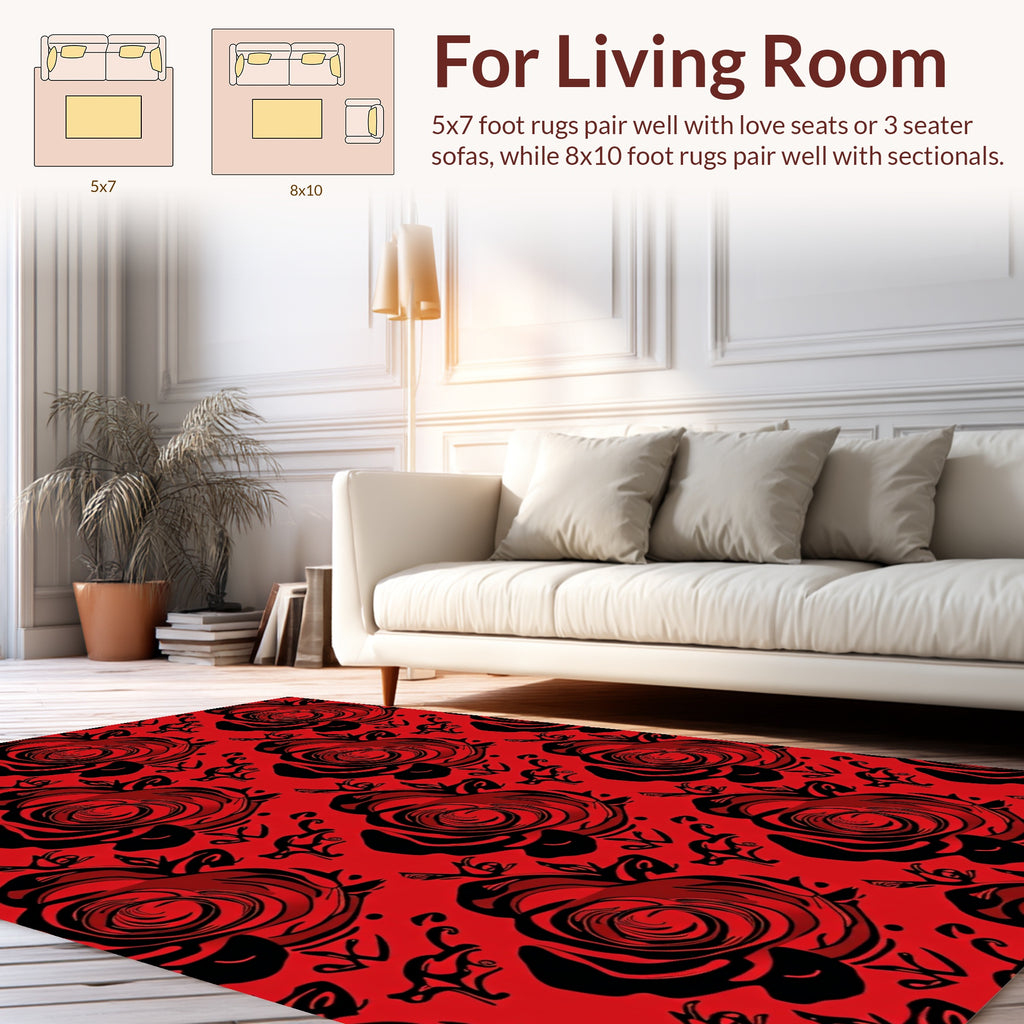 Bold Red Black Rose Pattern Rug
