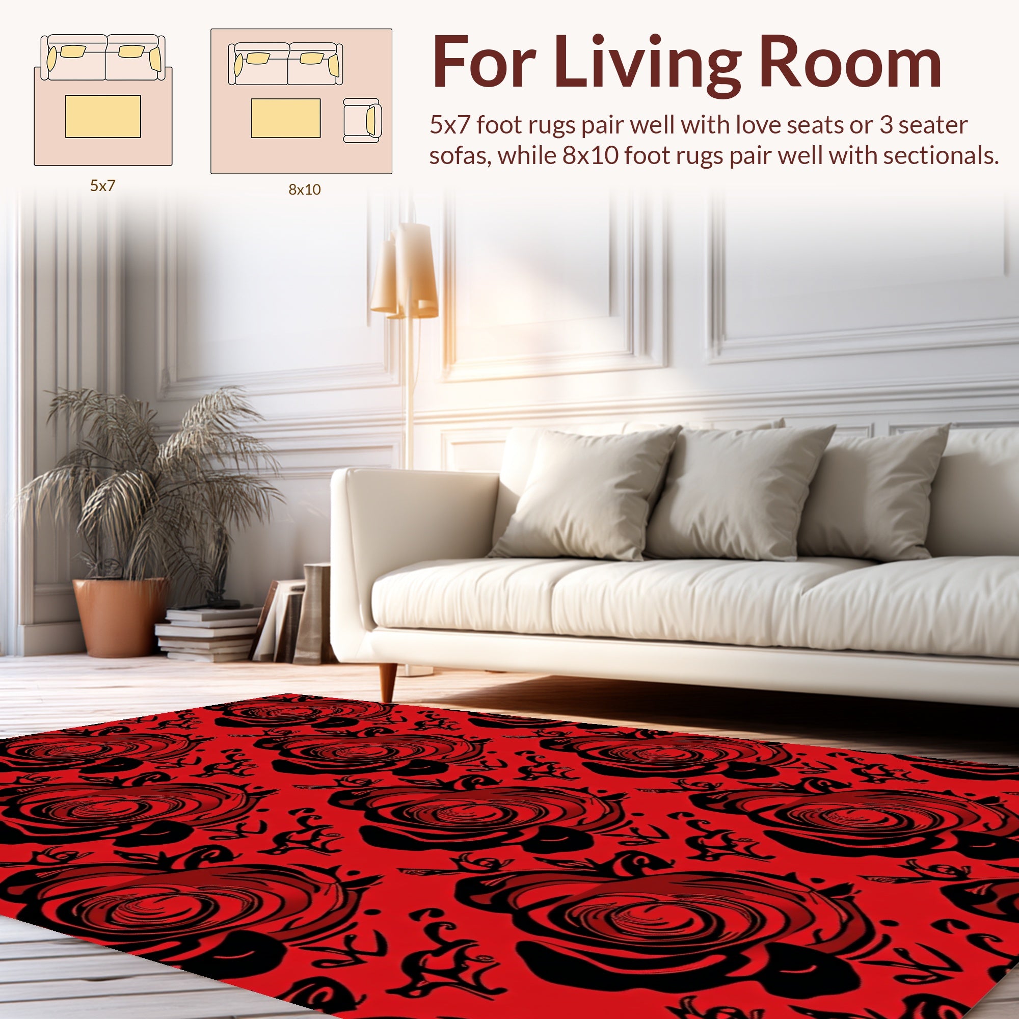 Bold Red Black Rose Pattern Rug