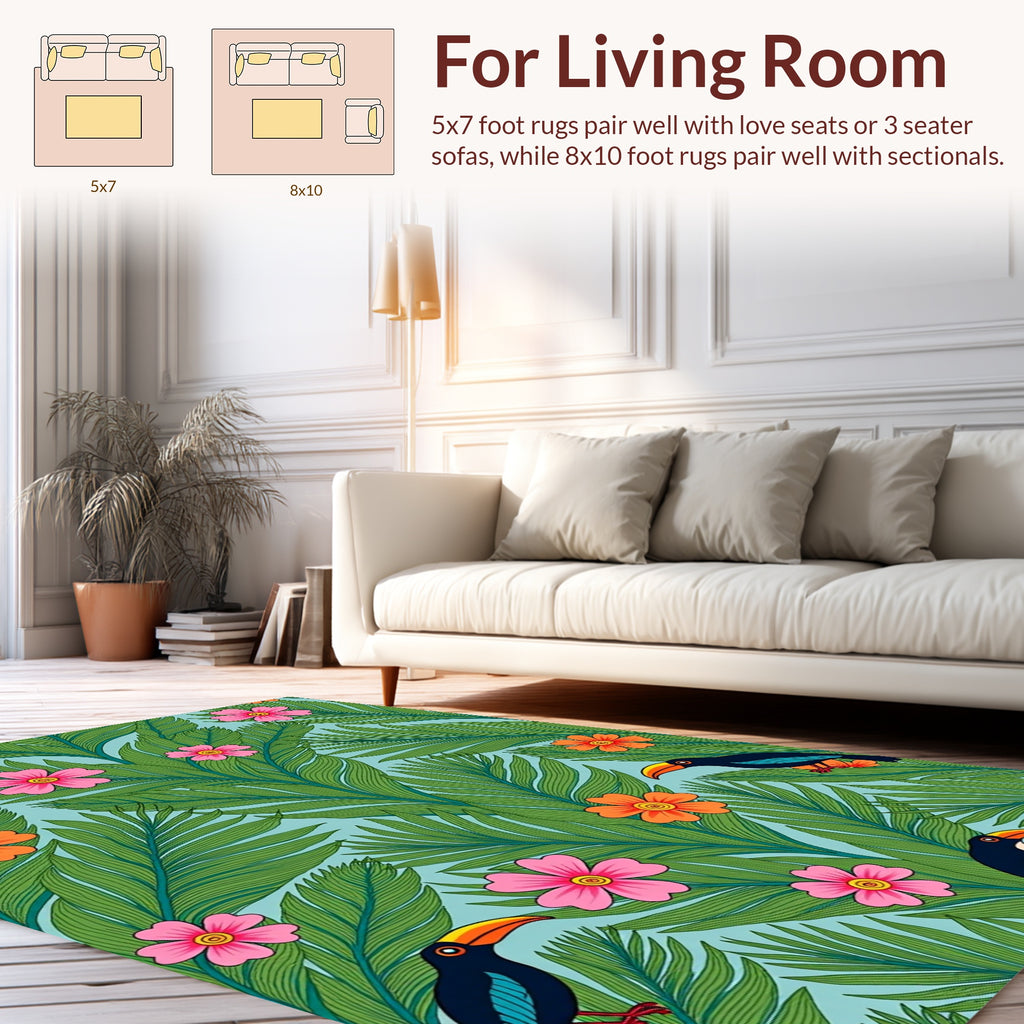 Tropical Toucan Floral Leaf Pattern Rug