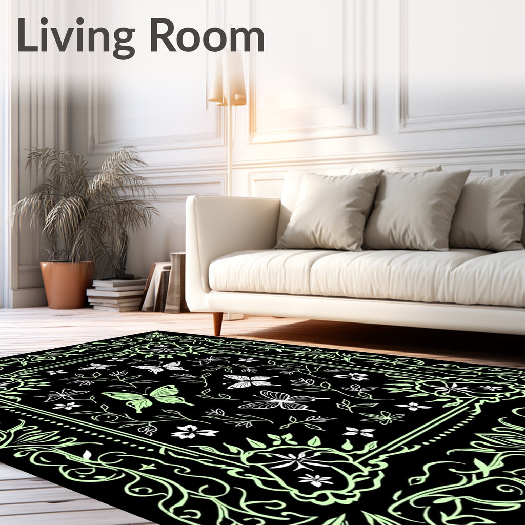 Whimsical Black Green Butterfly Garden Rug
