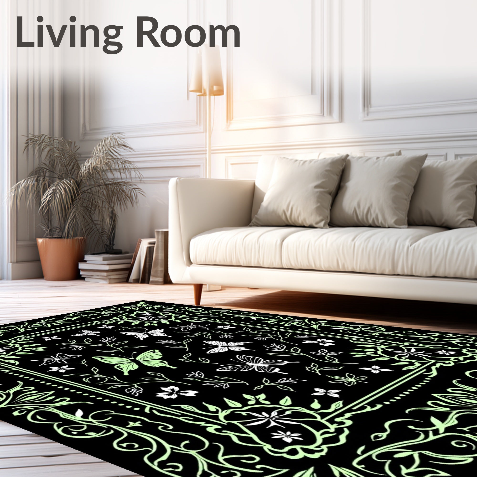 Whimsical Black Green Butterfly Garden Rug