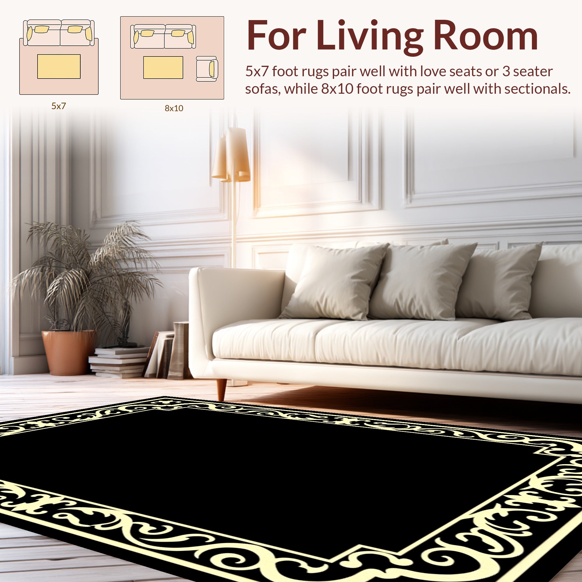 Ornate Scrollwork Cream Border Design Rug