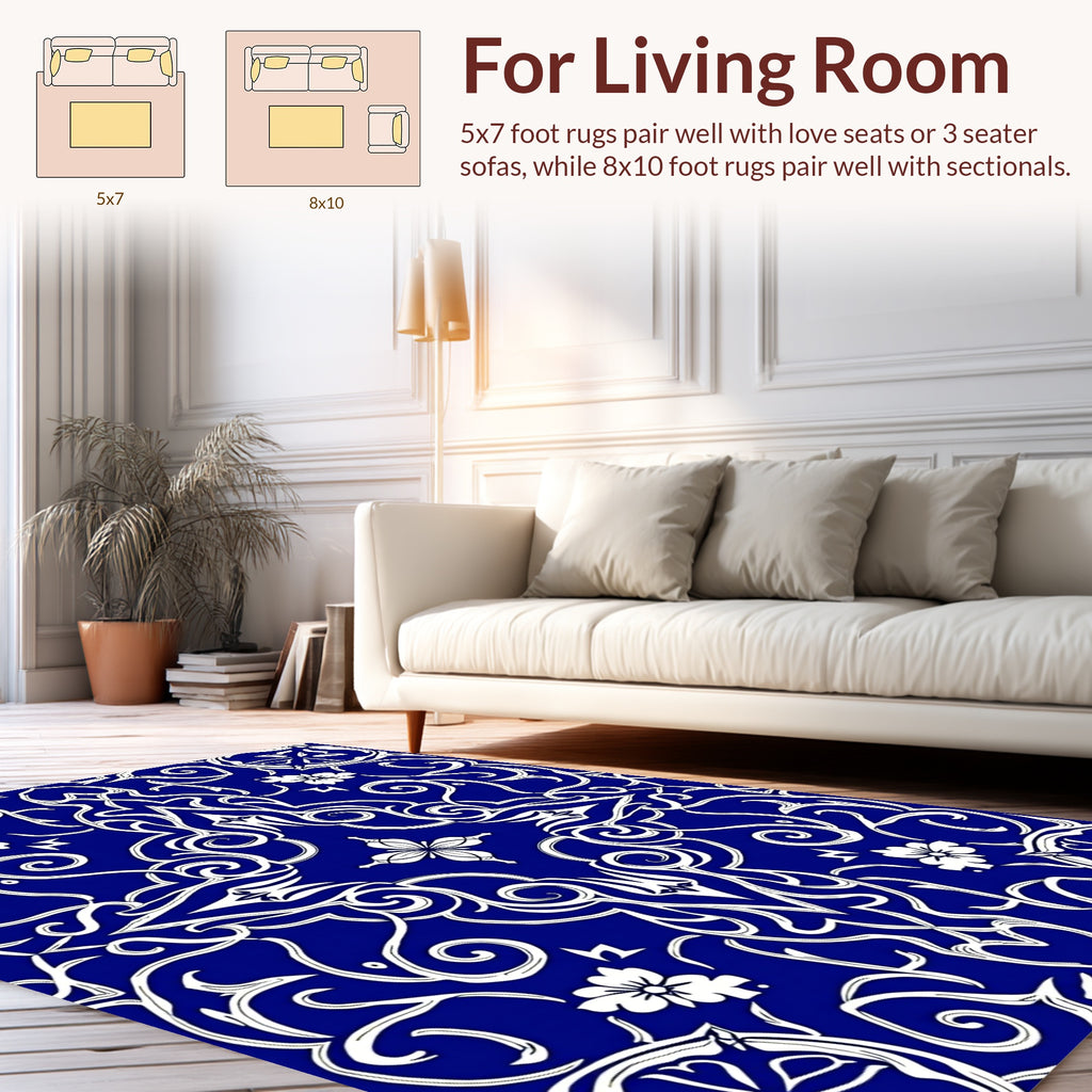 Intricate Blue White Floral Swirls Rug