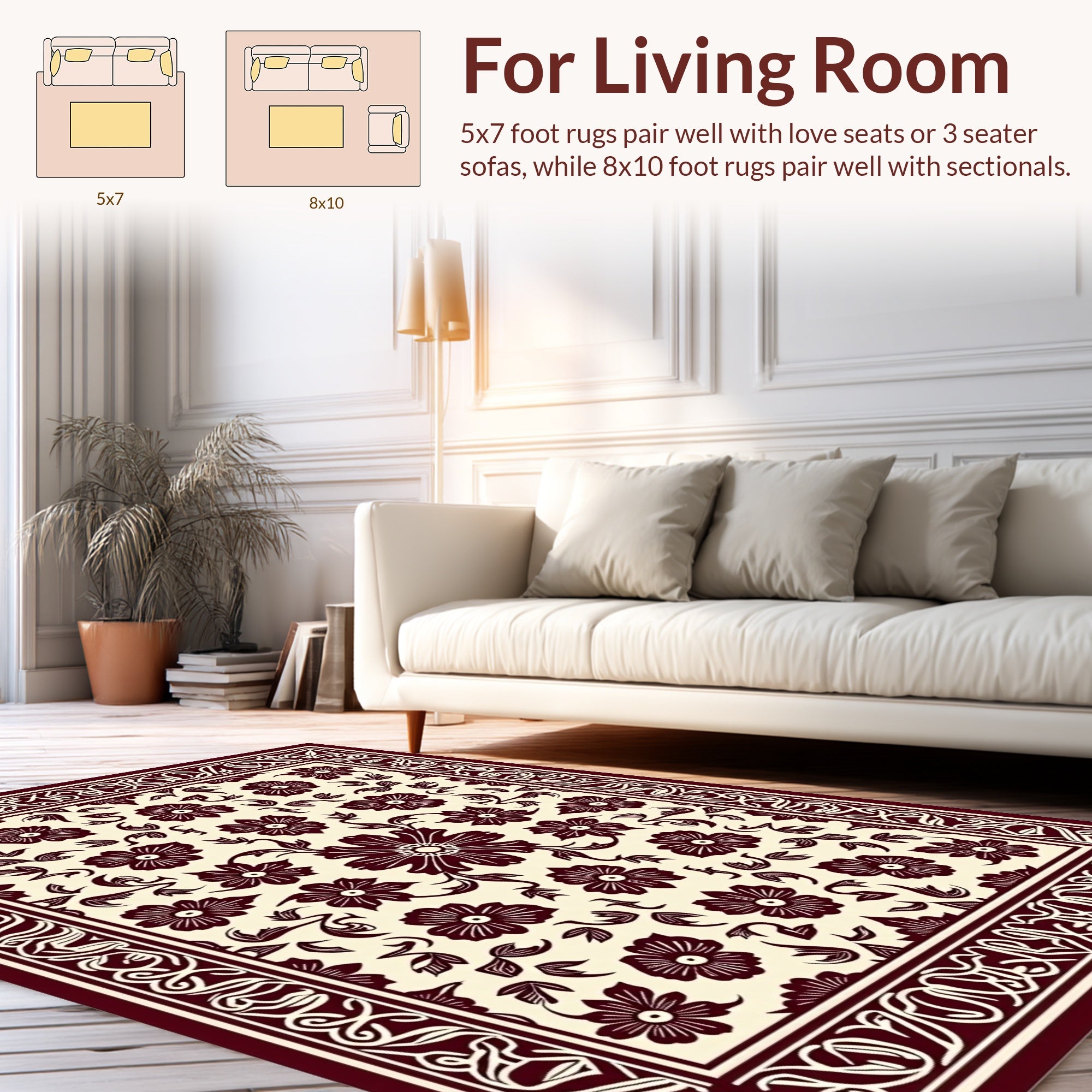 Ornate Floral Vines Burgundy Cream Rug