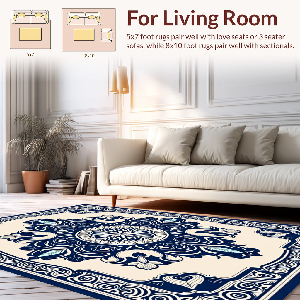 Classic Navy Floral Medallion Scroll Rug