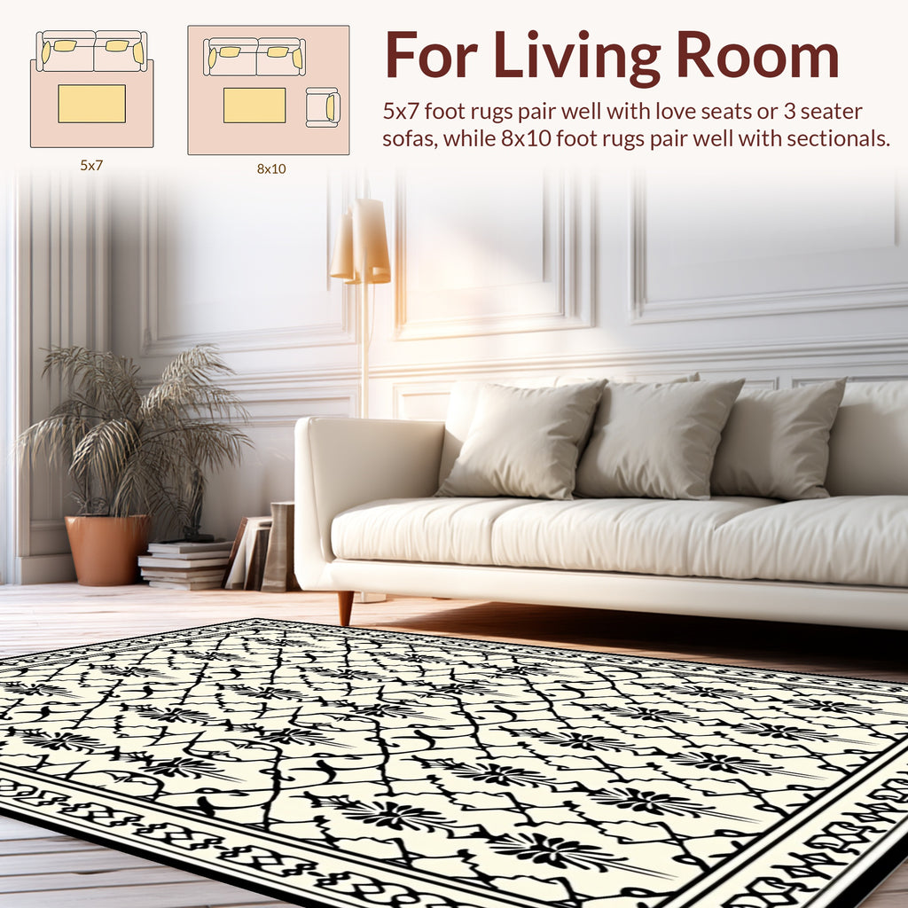 Elegant Black Floral Lattice Pattern Rug