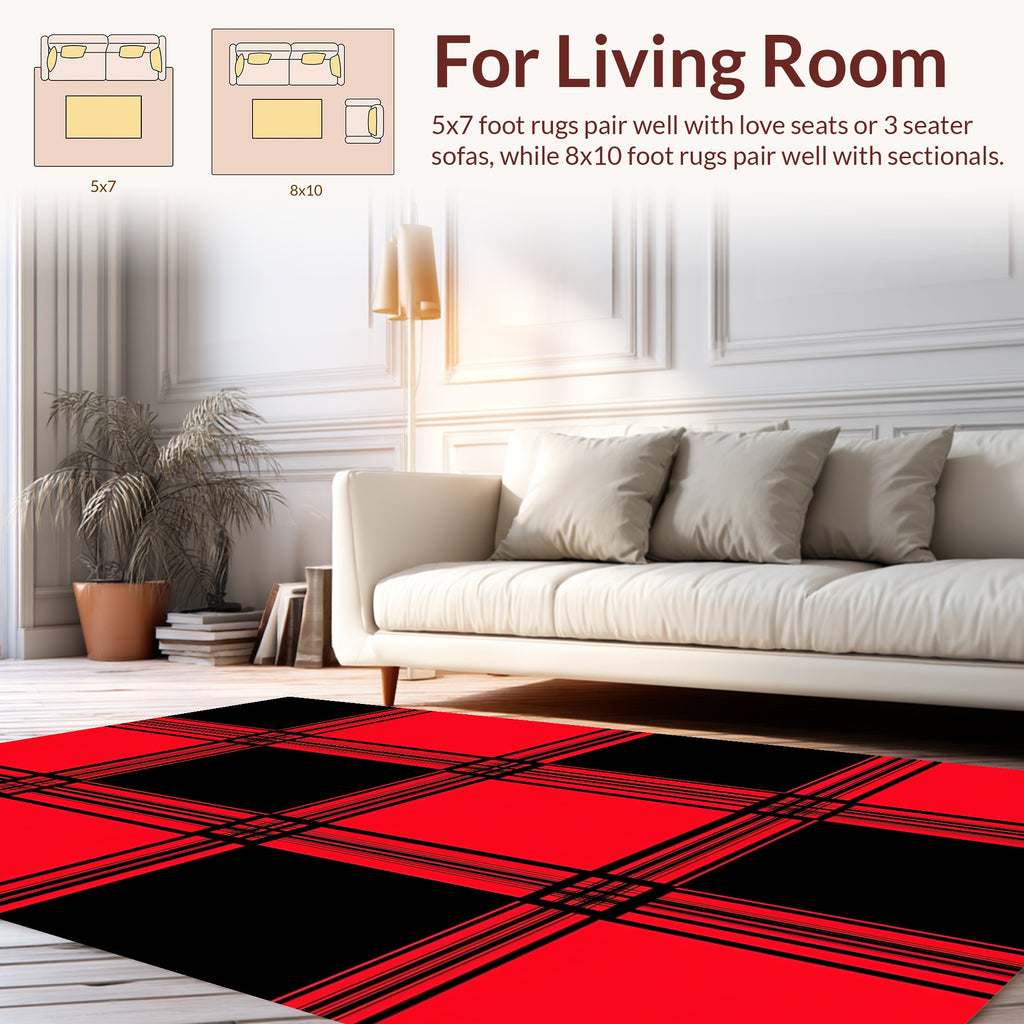 Bold Red Black Plaid Pattern Rug