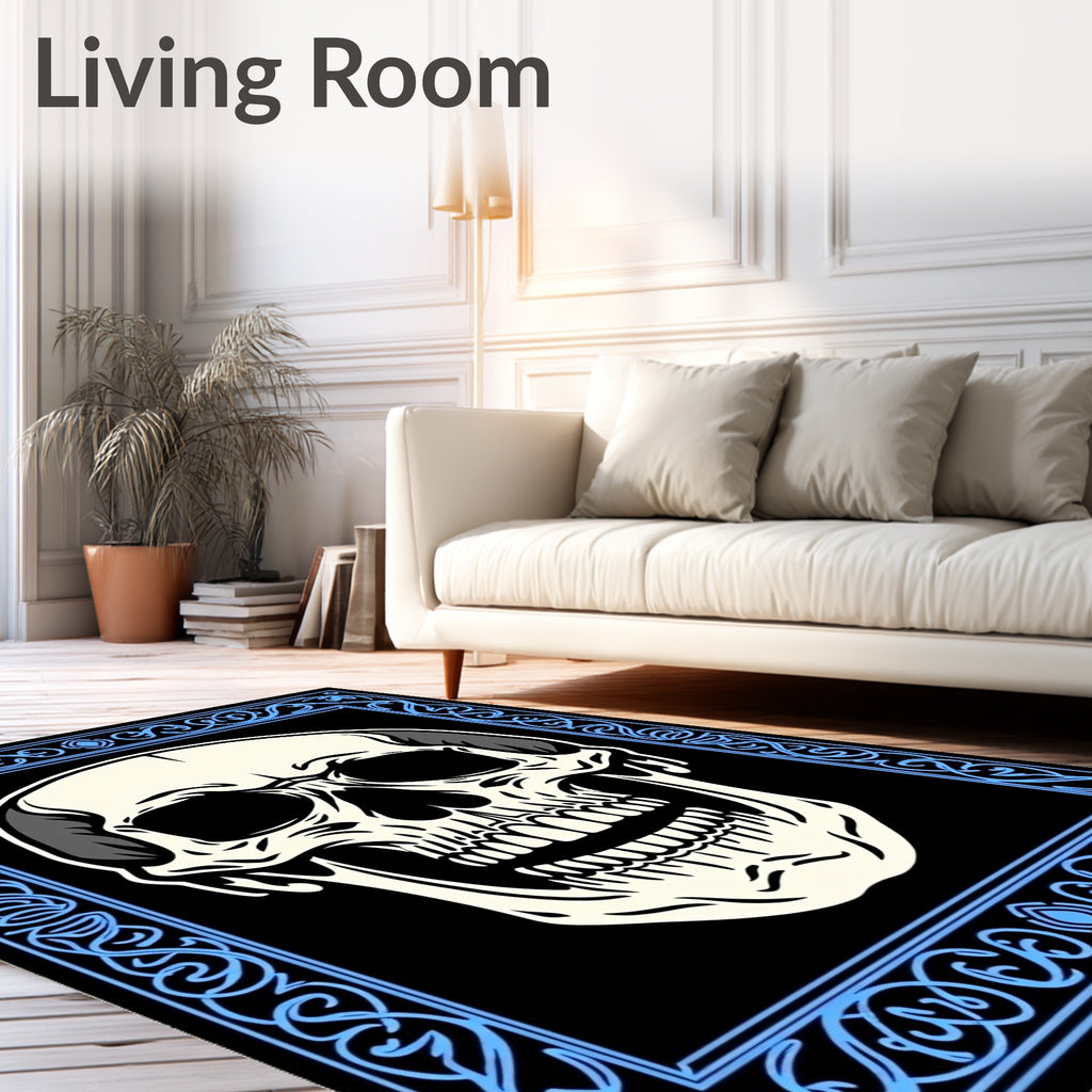 Ornate Blue Skull Black Backdrop Rug