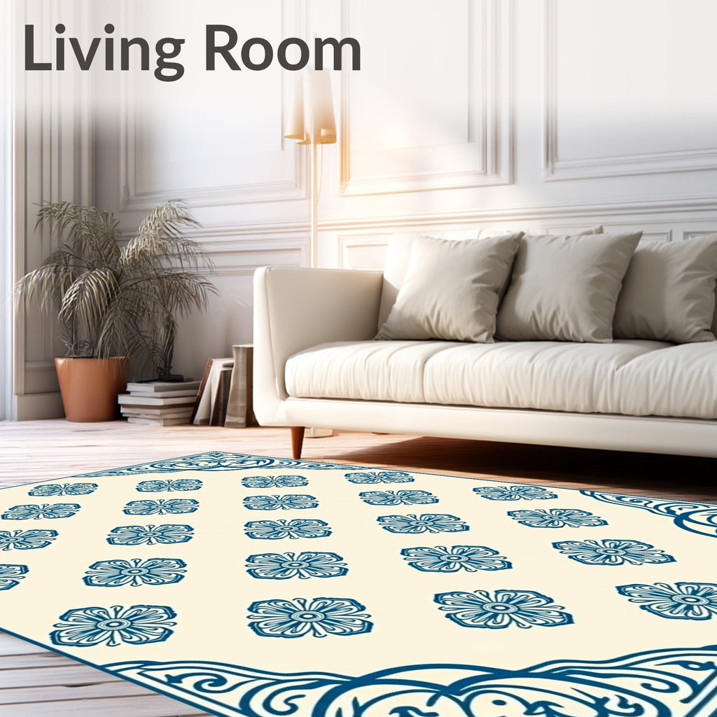 Ornate Blue Floral Patterned Rug