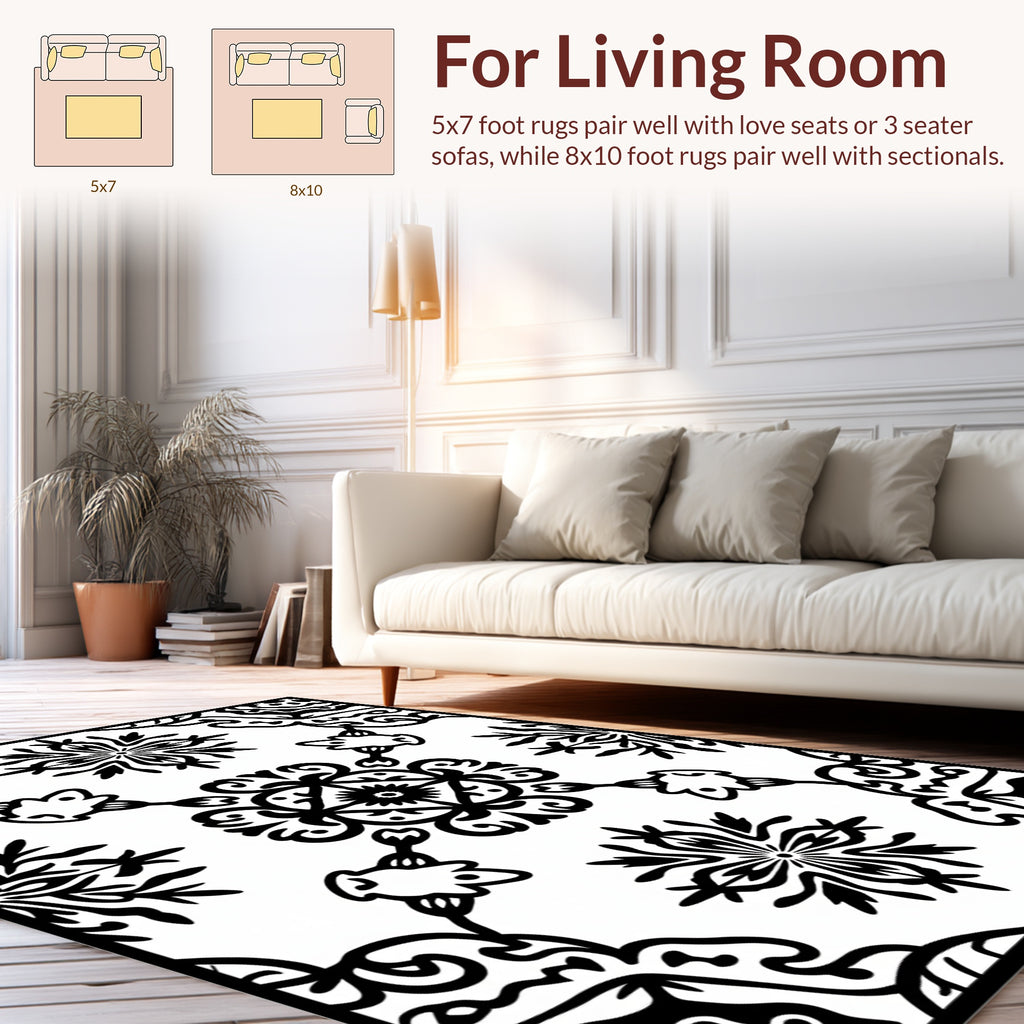 Abstract Symmetry Black Floral Pattern Rug