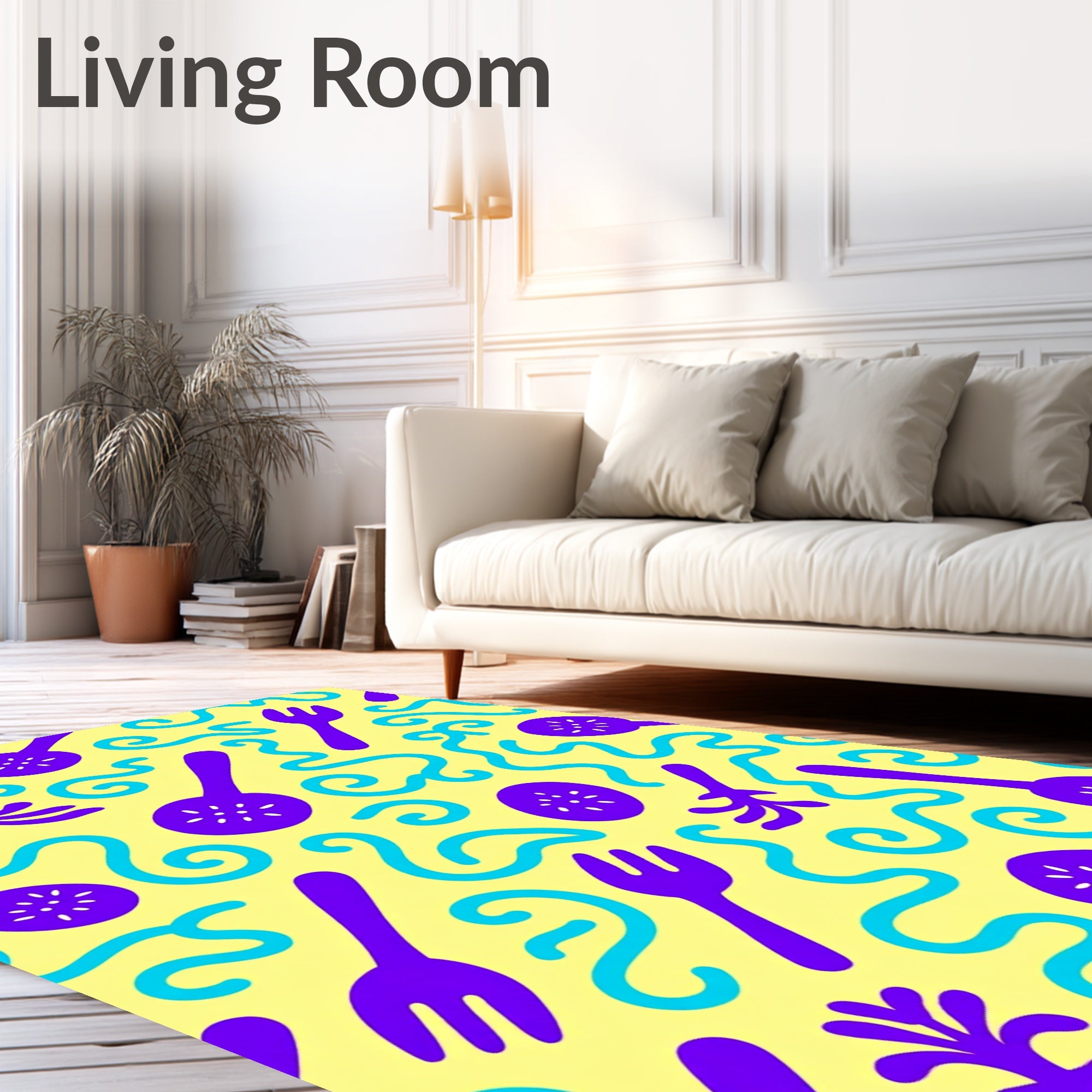 Playful Purple Utensils Swirling Waves Rug