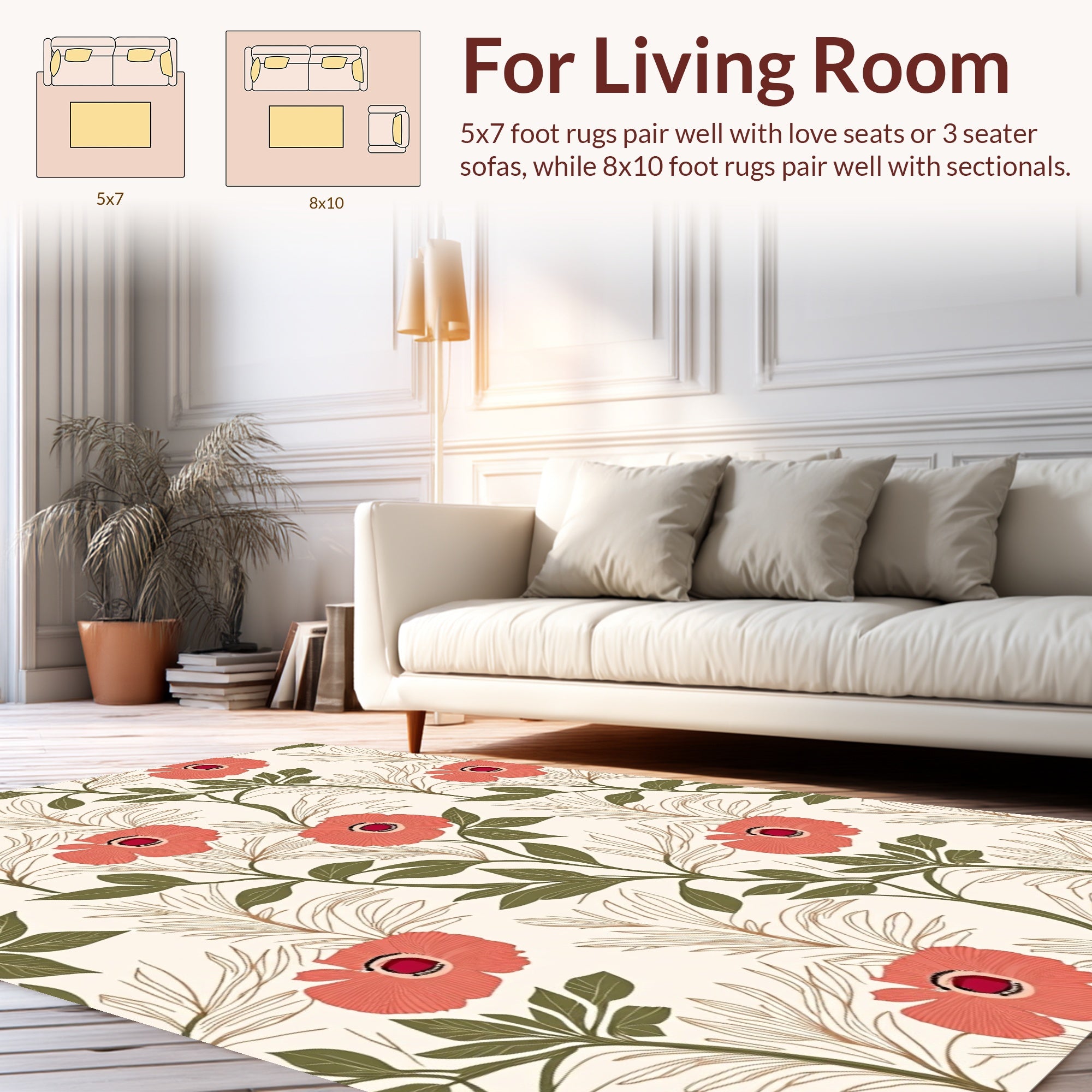 Coral Orange Floral Botanical Pattern Rug