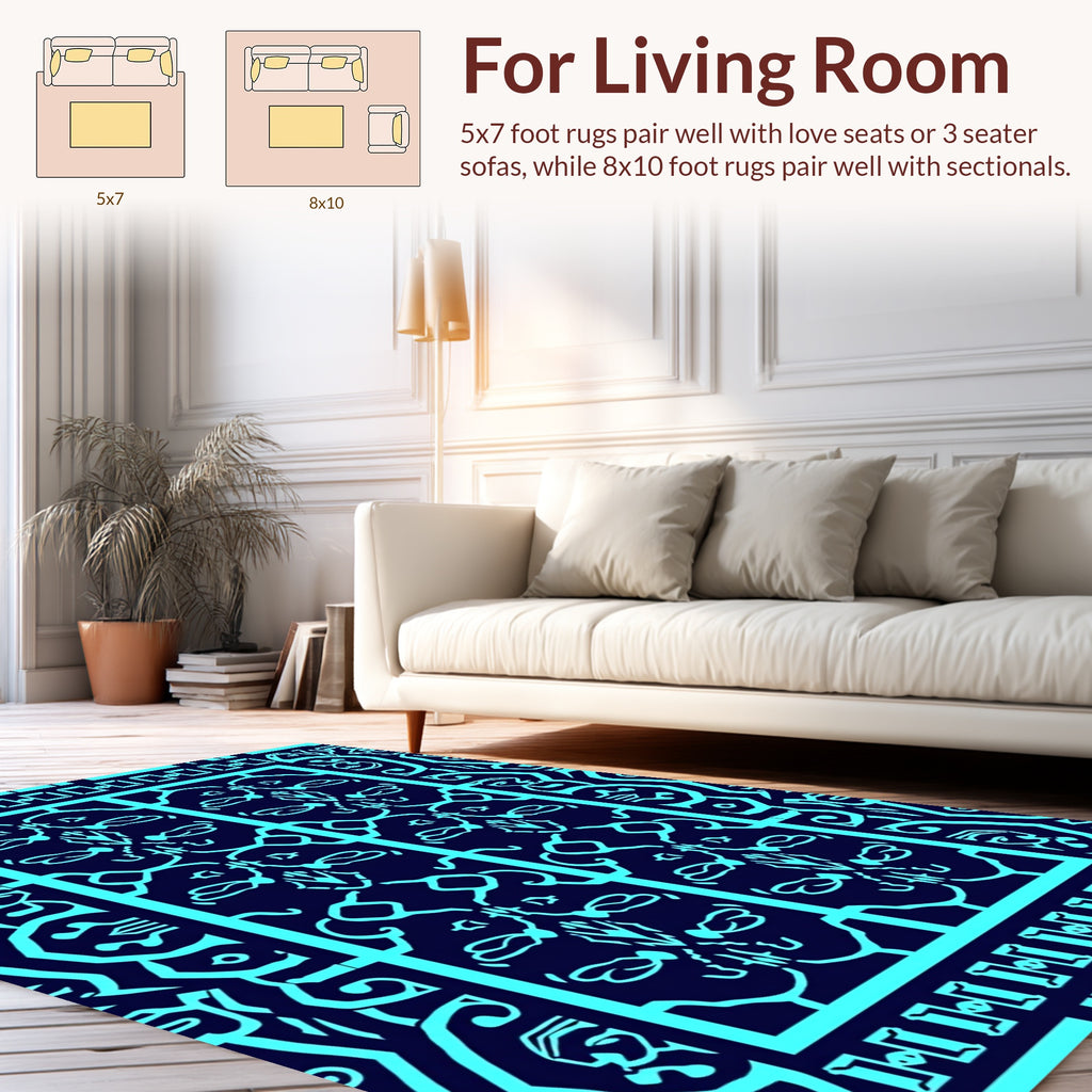 Intricate Cyan Geometric Tribal Design Rug