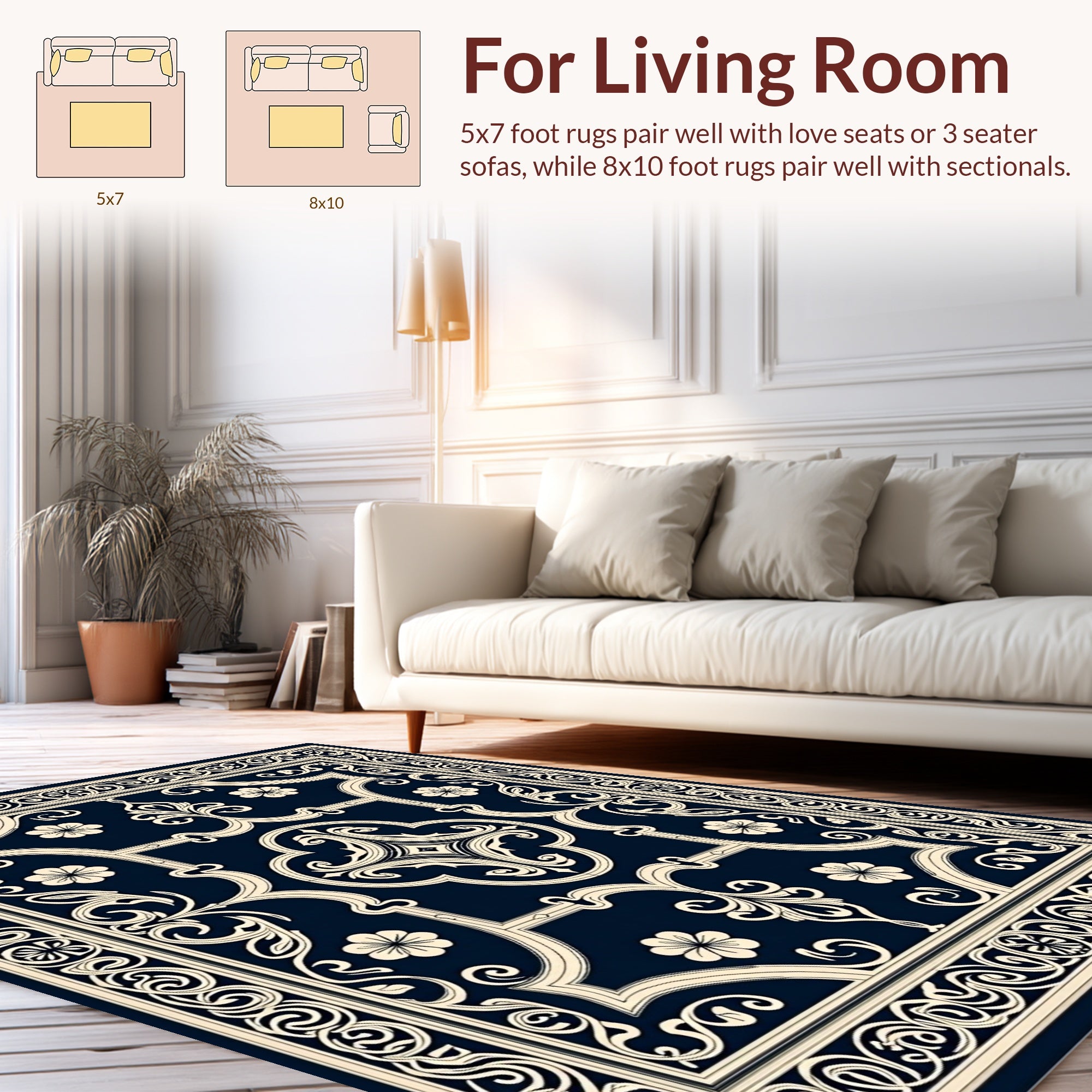 Intricate Floral Scrollwork Navy Rug