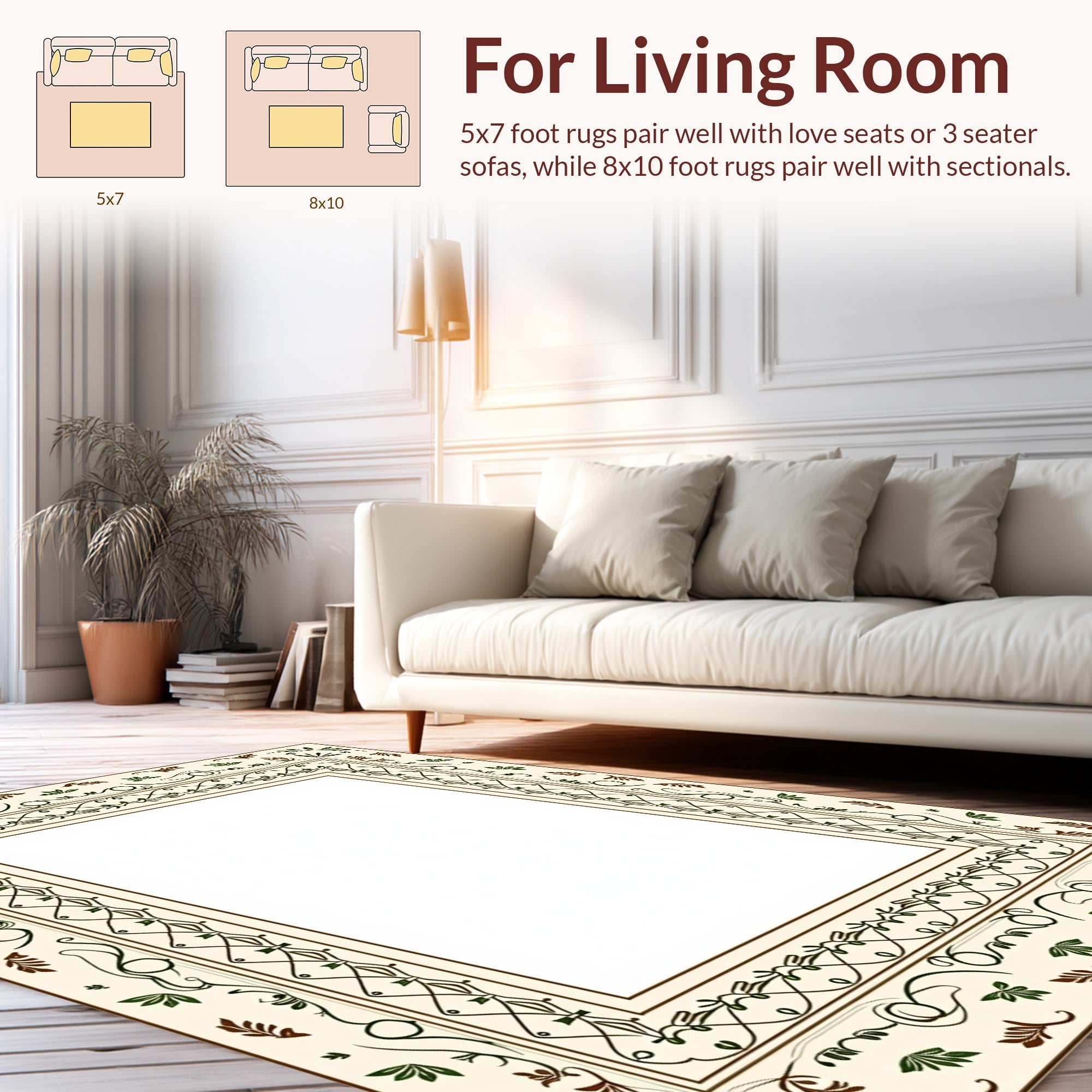 Ornate Leaf Scroll Classic Border Design Rug