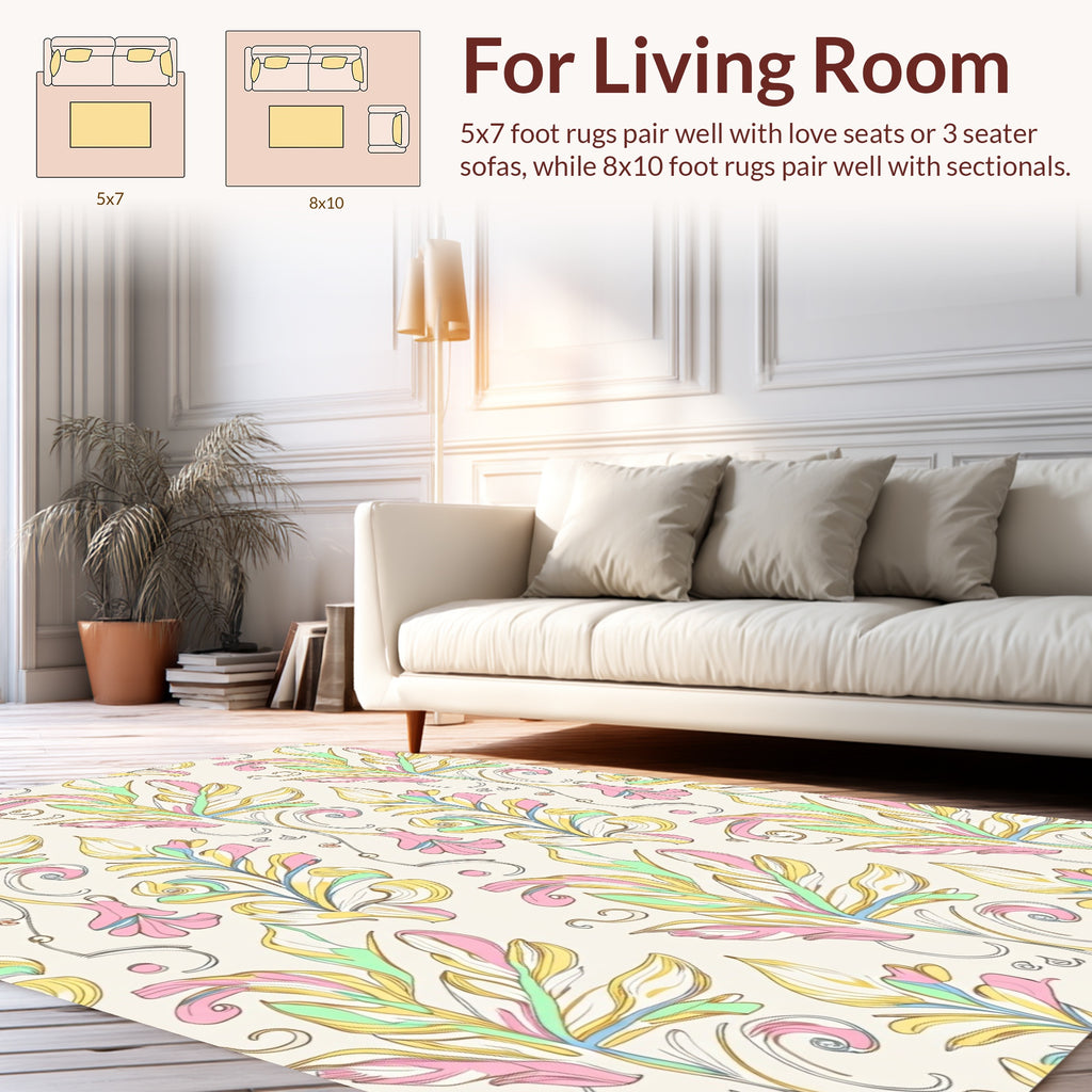 Pastel Floral Leaf Scroll Pattern Rug