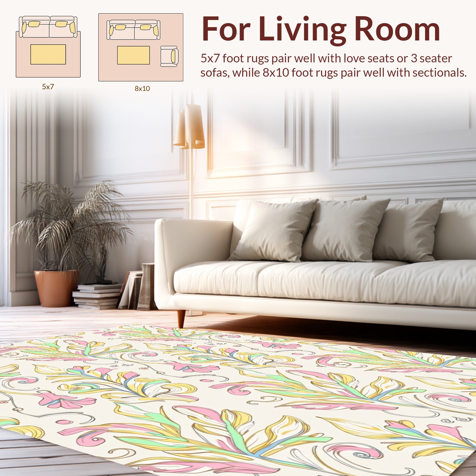 Pastel Floral Leaf Scroll Pattern Rug