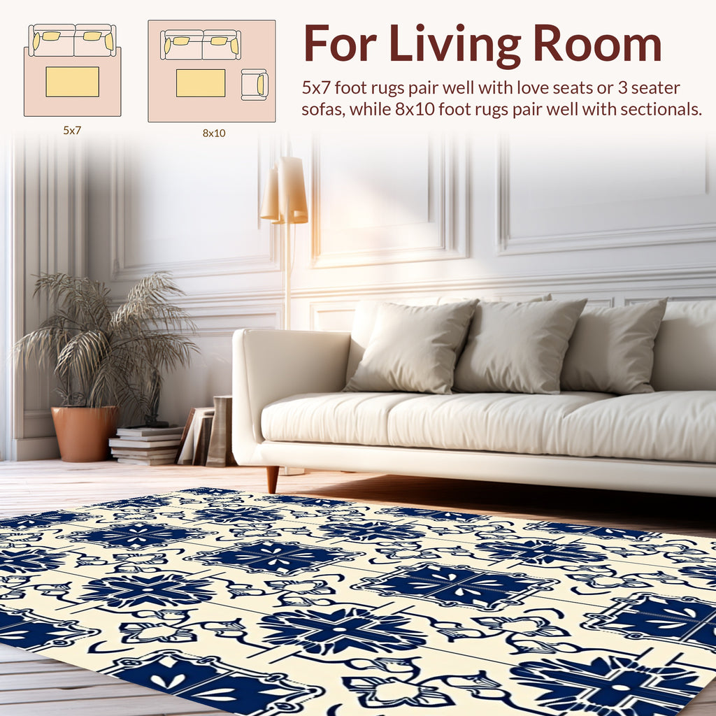 Classic Blue Floral Tile Pattern Rug