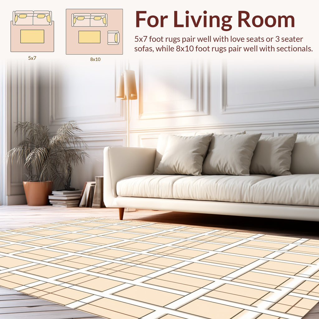 Cream White Geometric Grid Design Rug