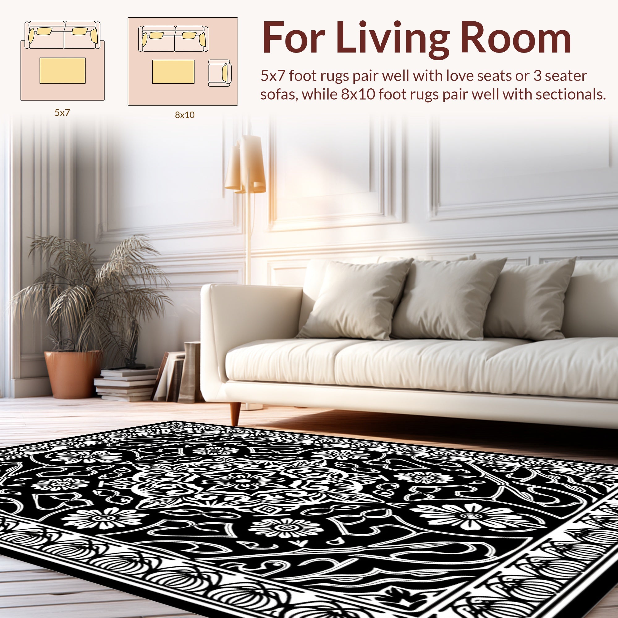 Black White Floral Patterned Rug