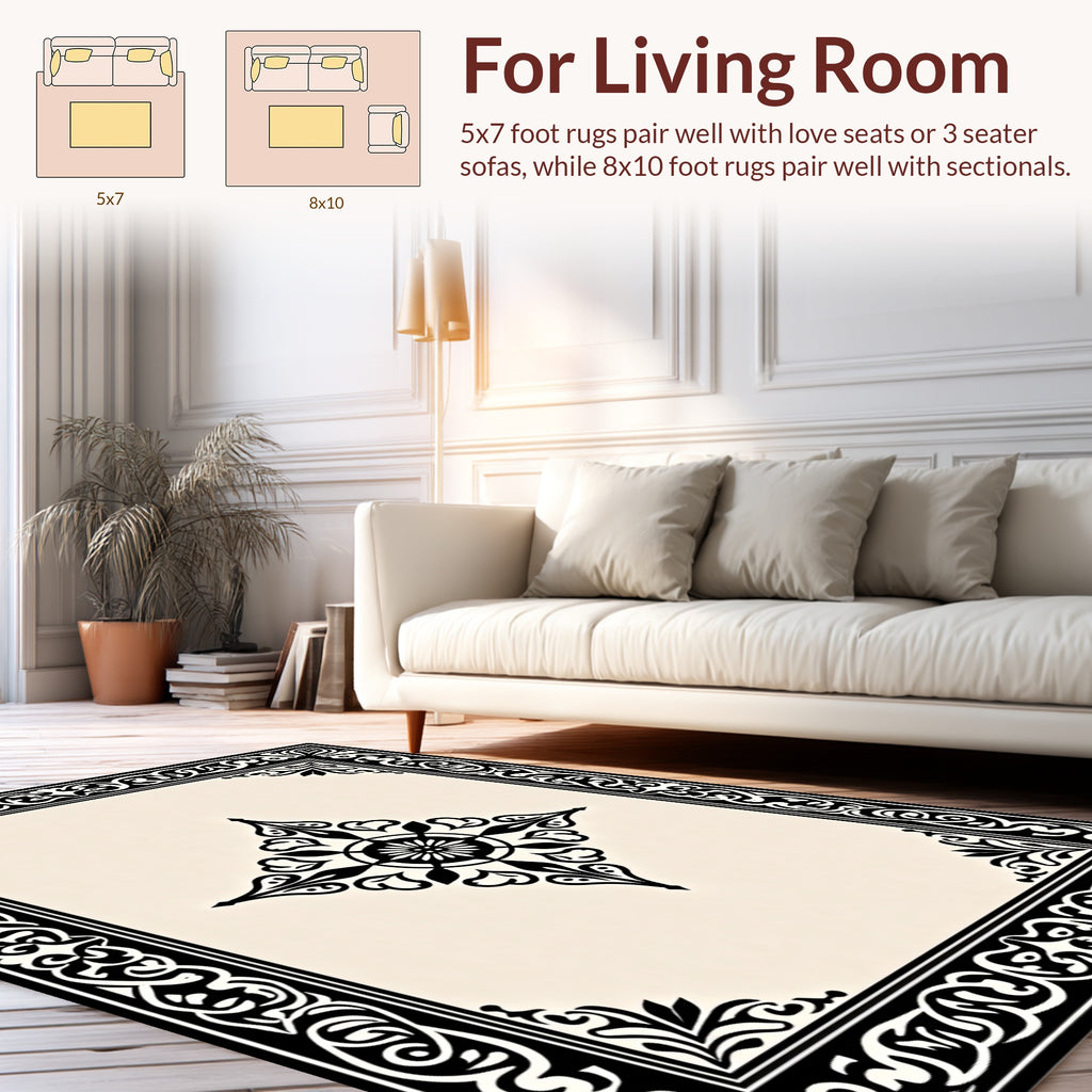 Classic Black and White Ornate Design Rug