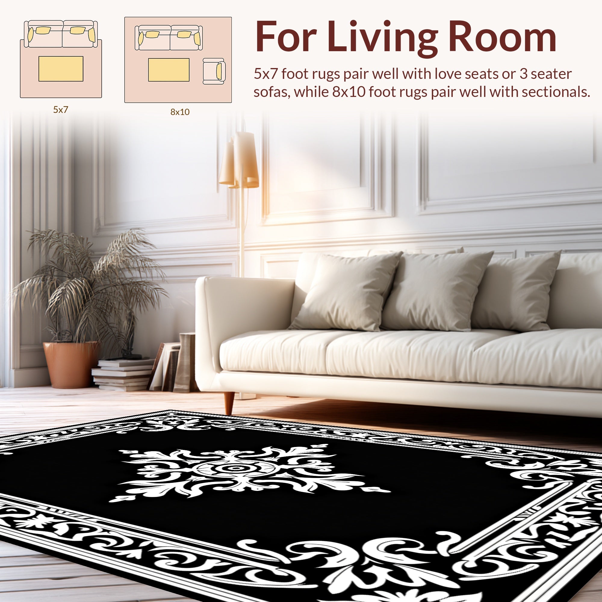 Ornate Black White Floral Design Rug