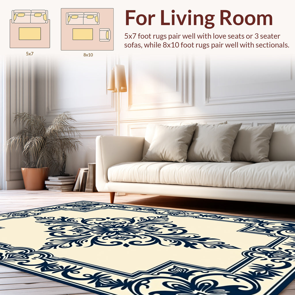 Classic Dark Blue Floral Scroll Border Rug