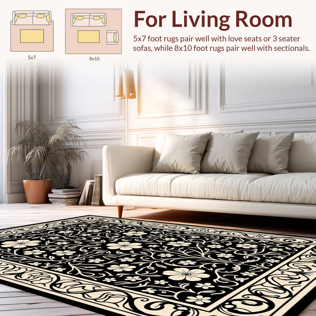 Black Floral Vine Scrollwork Pattern Rug